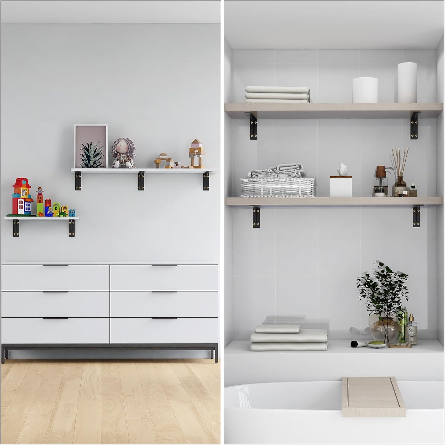 YUMORE Soportes de estante de 6 x 6 pulgadas, paquete de 4 soportes de estante negros en L resistentes, soportes de soporte de metal premium para