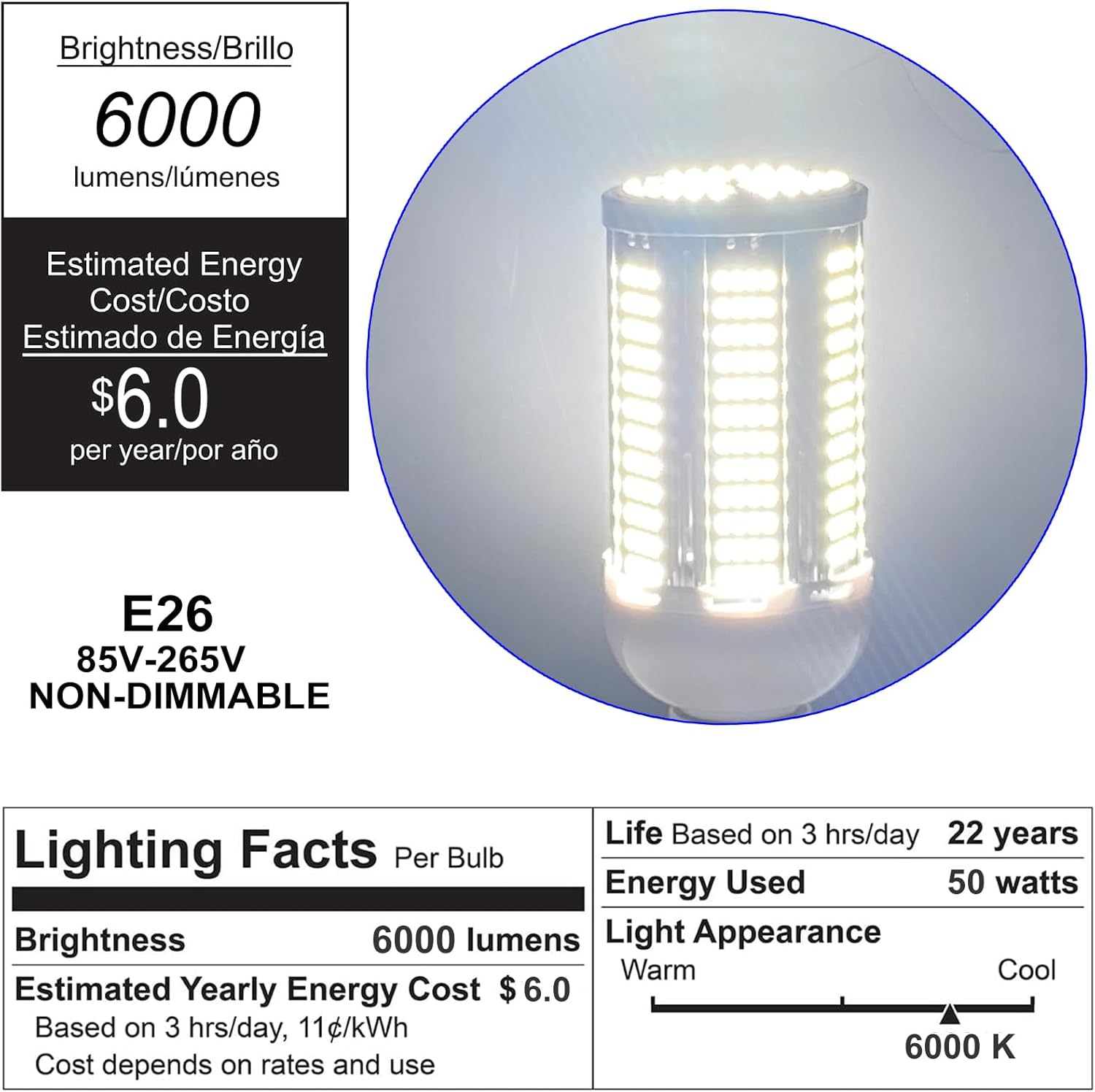 Paquete de 2 bombillas LED equivalentes a 400 W, 6000 lúmenes, 6000 K, luz diurna, 50 W, lámpara LED de maíz, base media E26E27 para garaje,