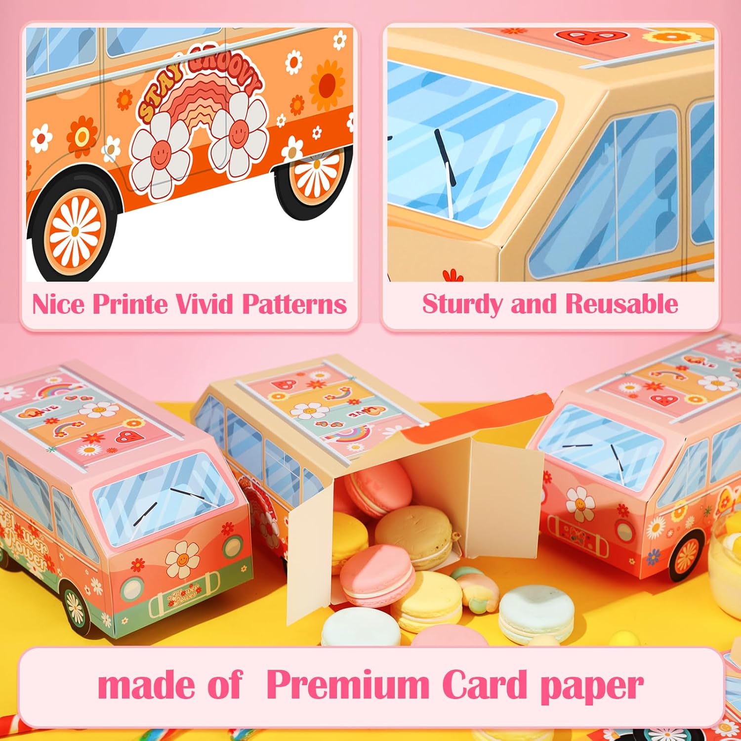 Qilery 24 cajas de golosinas de fiesta con forma de camión, decoraciones de fiesta hippie, cajas de golosinas para fiesta de autobús, cajas de