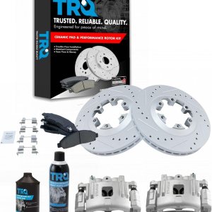 TRQ Pinza de rotor de rendimiento de almohadilla de cerámica delantera y líquidos compatibles con Chevrolet GMC Isuzu TRQ Pinza de rotor de rendimiento de almohadilla de cerámica delantera y líquidos compatibles con Chevrolet GMC Isuzu