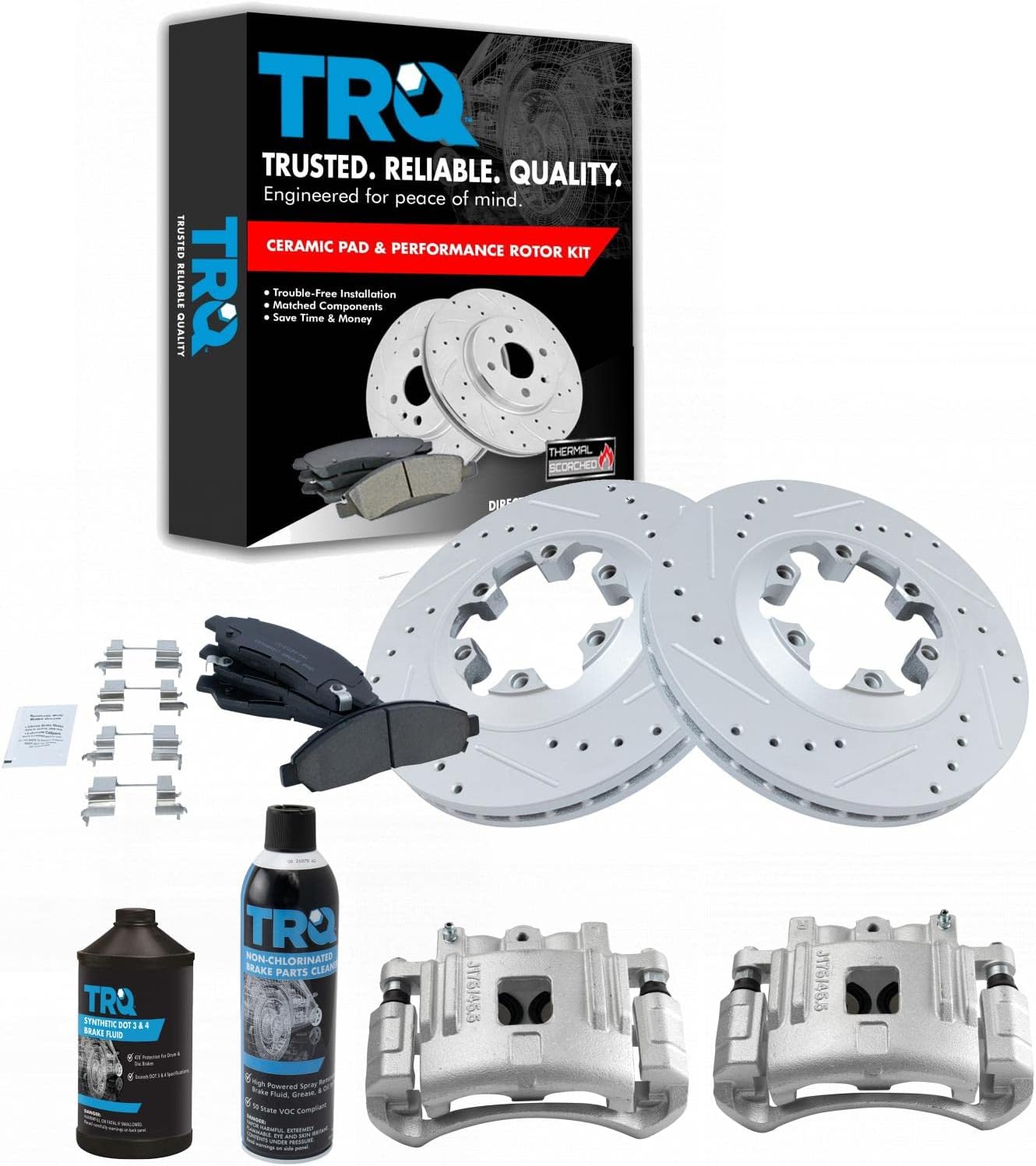 TRQ Pinza de rotor de rendimiento de almohadilla de cerámica delantera y líquidos compatibles con Chevrolet GMC Isuzu