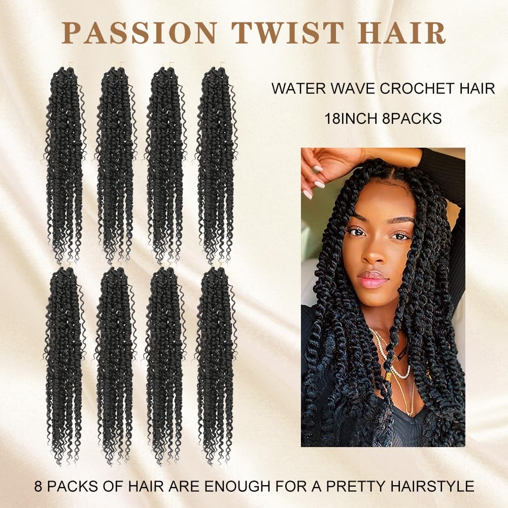 Pelo de ganchillo pretrenzado de 18 pulgadas de largo, cabello trenzado de ganchillo Passion Twist, 8 paquetes de rizos bohemios suaves (18
