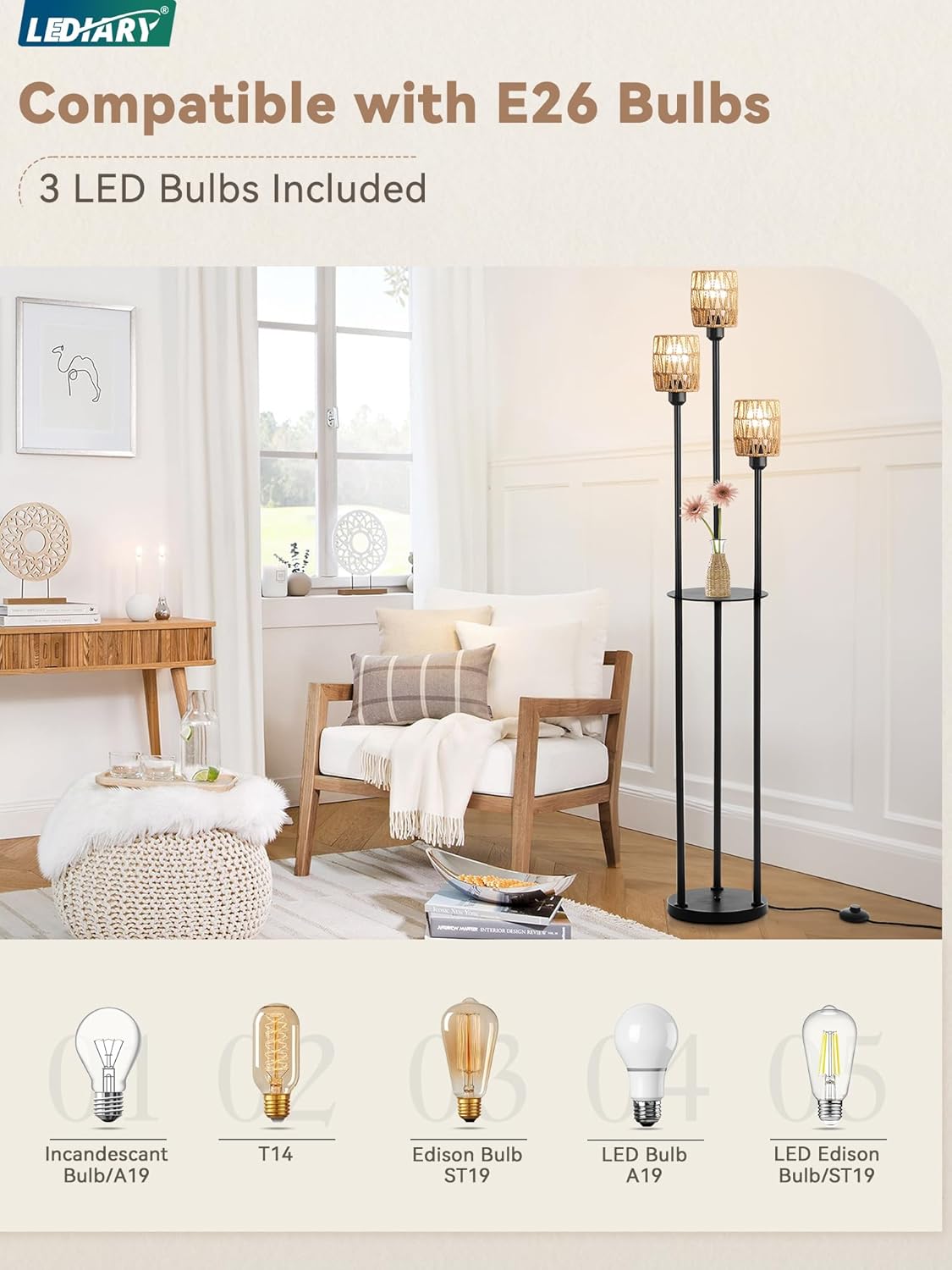 LEDIARY Lámpara de pie bohemia de 65 pulgadas para sala de estar, lámpara de pie de ratán con estantes, 3 bombillas LED incluidas, lámpara de pie