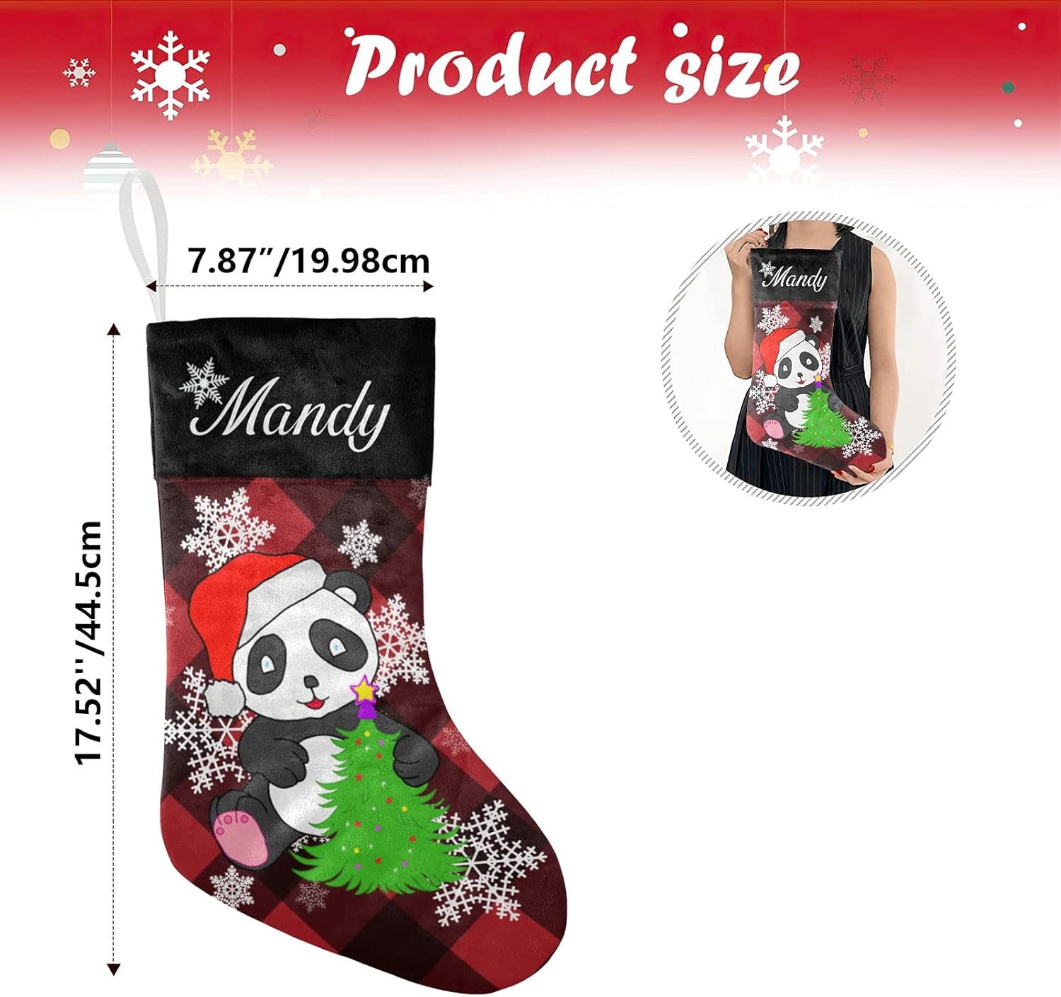Calcetines de Navidad personalizados a cuadros negros y rojos y lindos pandas con nombre, medias de Navidad personalizadas para decoración de