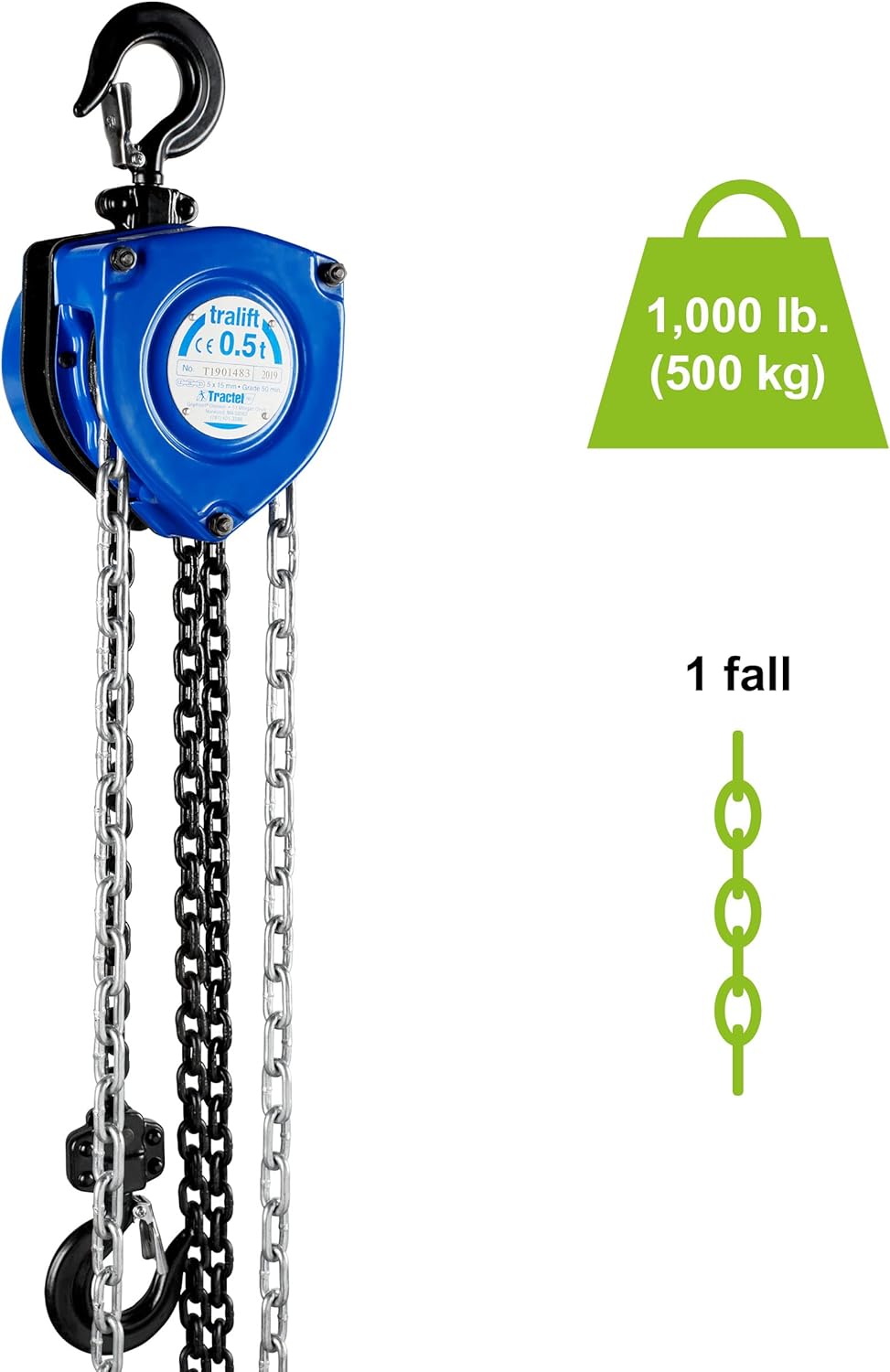 Tractel Polipasto de cadena manual  12 tonelada – capacidad de 1000 libras  Cadena de acero de 40 pies  Acero de grado industrial para construcción,
