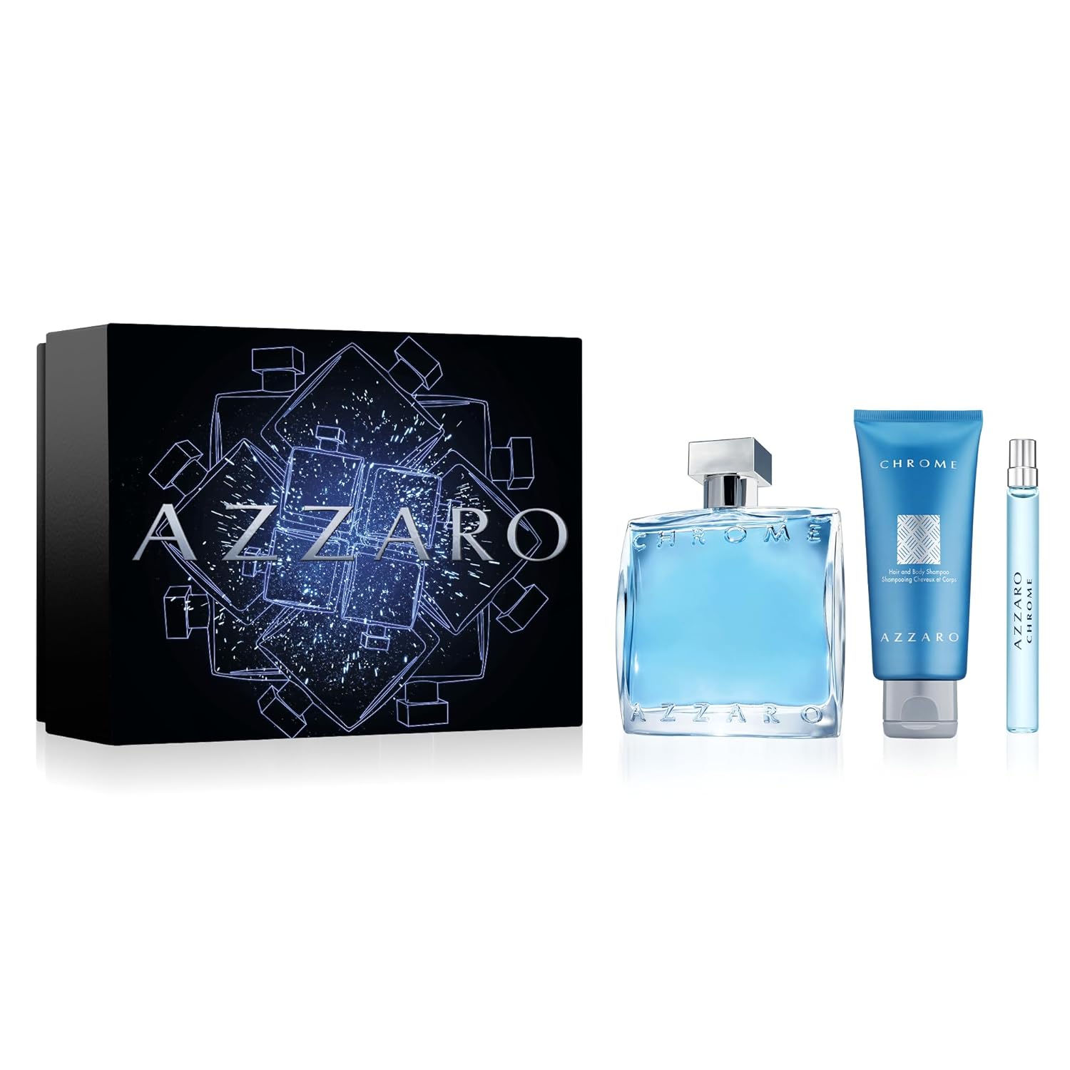Azzaro Eau de Toilette cromado, juego de regalo de colonia fresca para hombre, juego de vacaciones de 3 piezas, incluye fragancias de tamaño