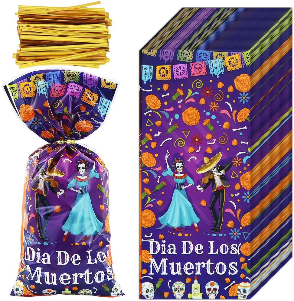 Day of the Dead – Bolsas de golosinas para dulces, 100 unidades Dia de Los Muertos, bolsas de golosinas mexicanas de 4 estilos de caléndula de