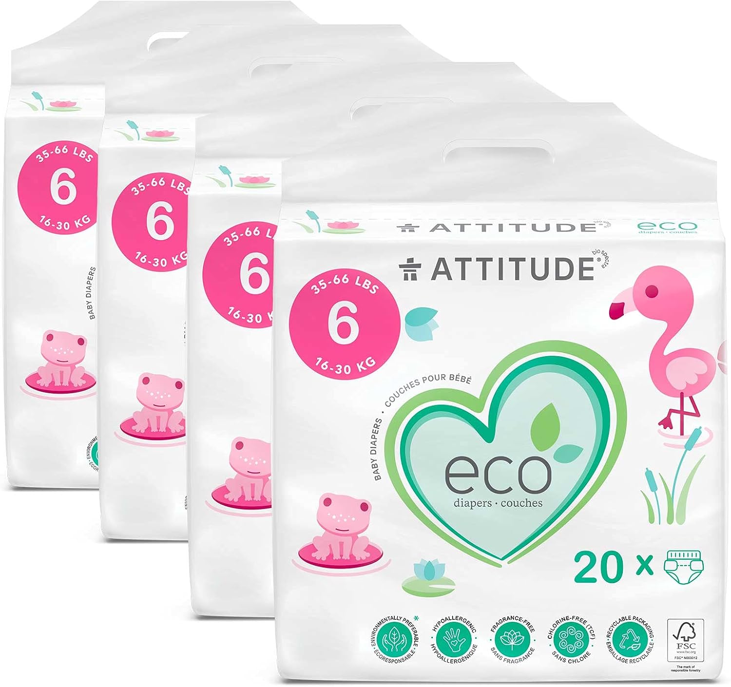 ATTITUDE Pañales no tóxicos, ecológicos, hipoalergénicos, seguros para pieles sensibles, sin cloro, sin fugas y biodegradables, sin fragancia,