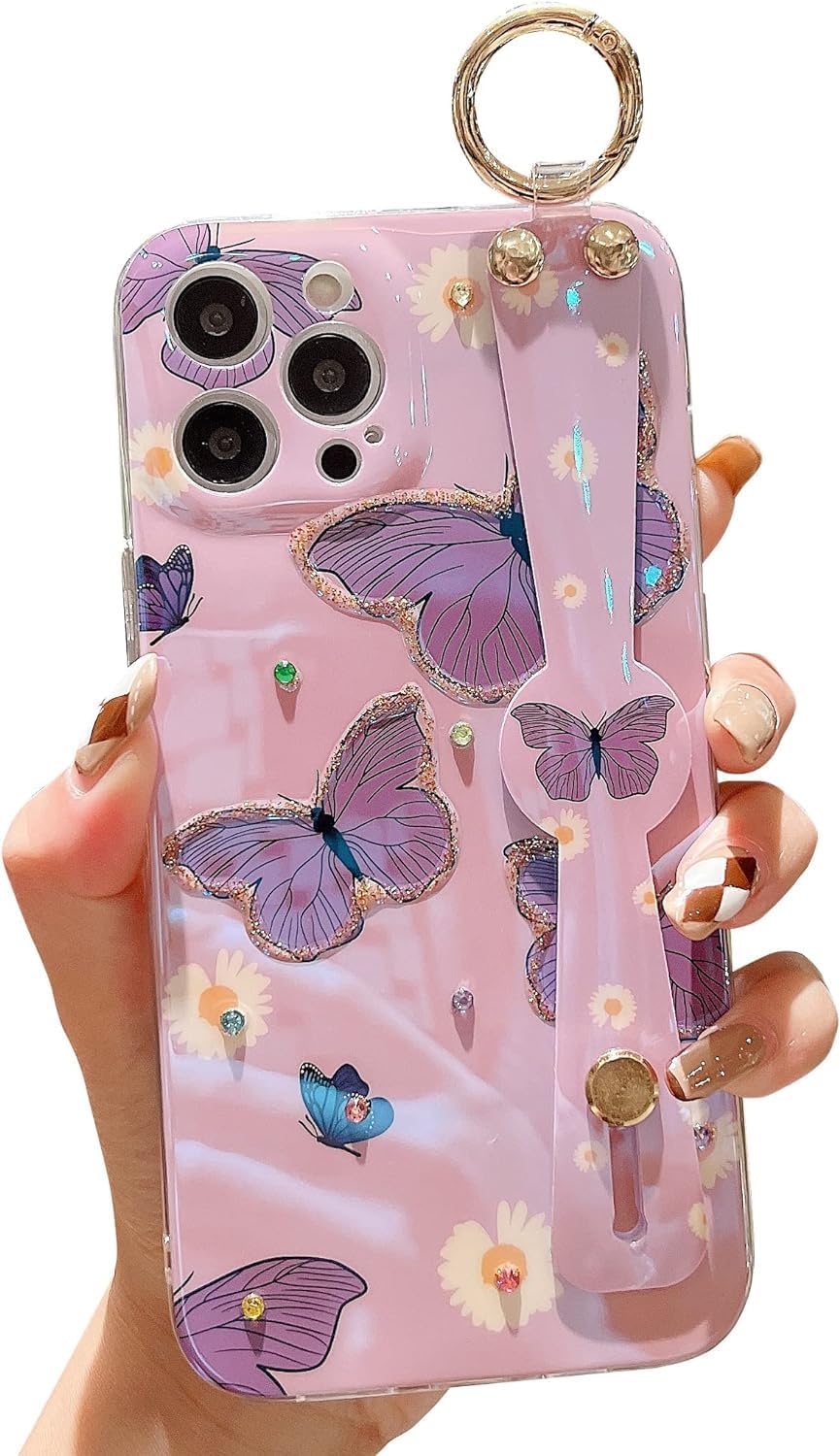 Funda para iPhone 15 Pro Max linda con correa de muñeca con función atril con purpurina de dibujos animados IMD silicona TPU a prueba de golpes
