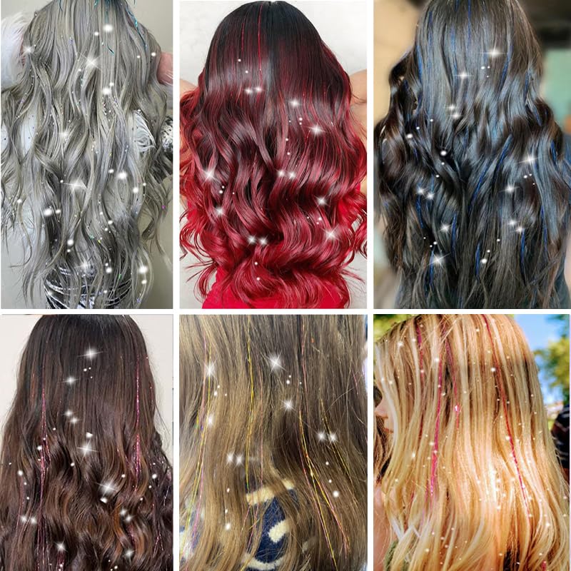 Kit de oropel para el cabello con herramientas, 8 piezas de 1600 hebras con purpurina, extensiones de cabello de oropel con purpurina, resistentes