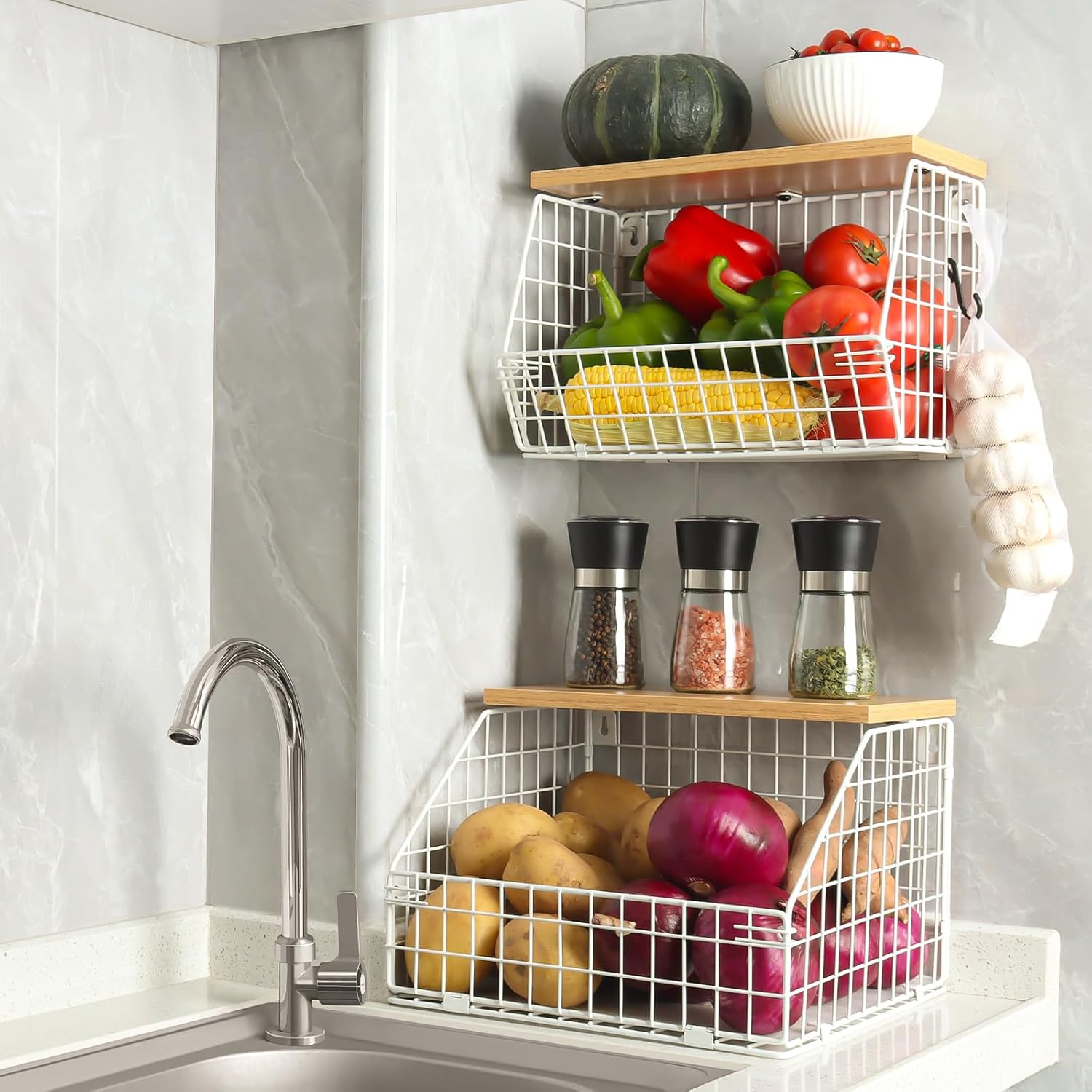 Mefirt Frutero blanco, cesta de frutas de 2 niveles para encimera de cocina, almacenamiento de frutas apilable montado en la pared, organizador de