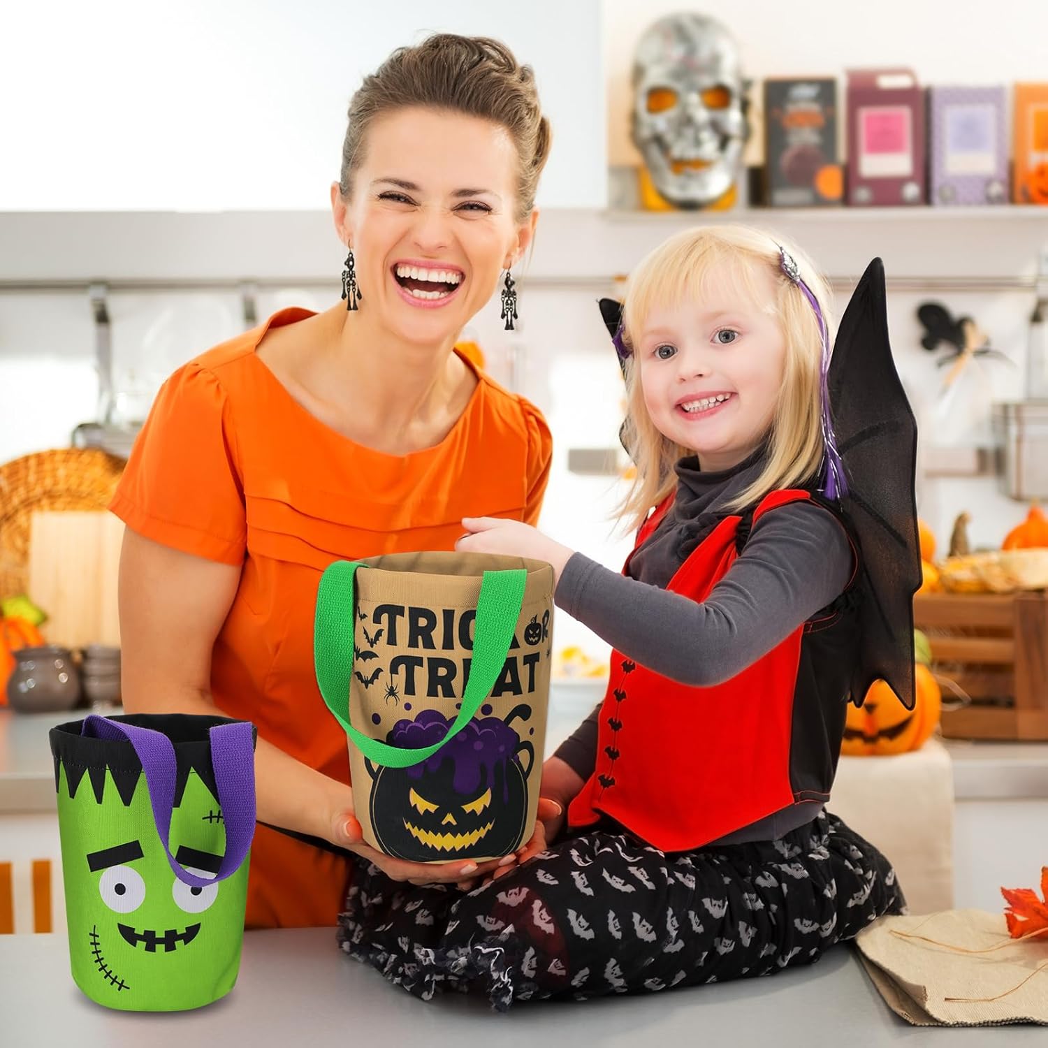4 bolsas de Halloween para trucos o tratos, plegable, de lona, para caramelos, calabaza, murciélago, cubo de golosinas, cubo de golosinas