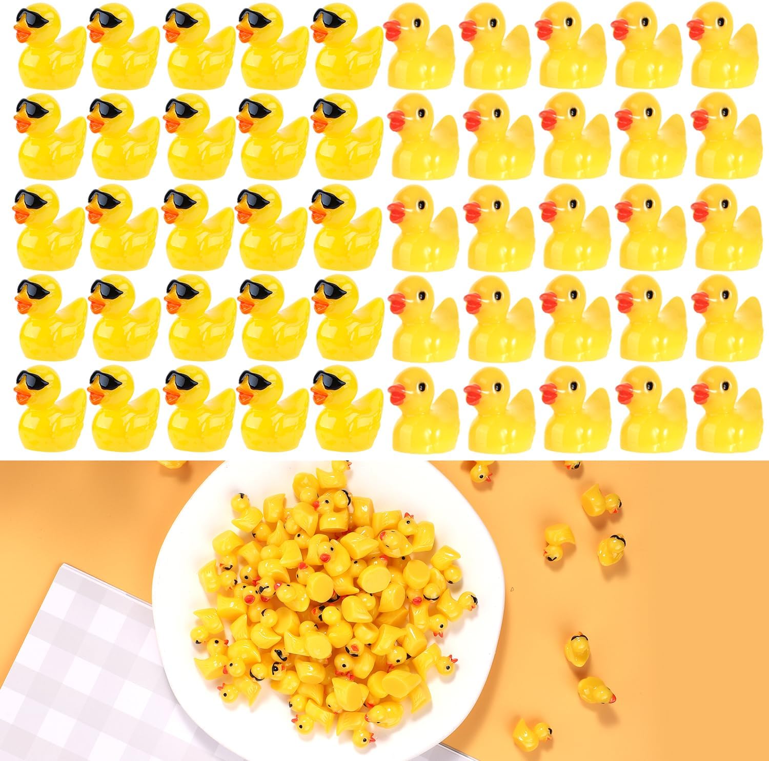 100 mini patos de resina, 50 lindos patos de resina con lentes de sol y 50 patos de resina de ojos negros en miniatura para casas de muñecas,