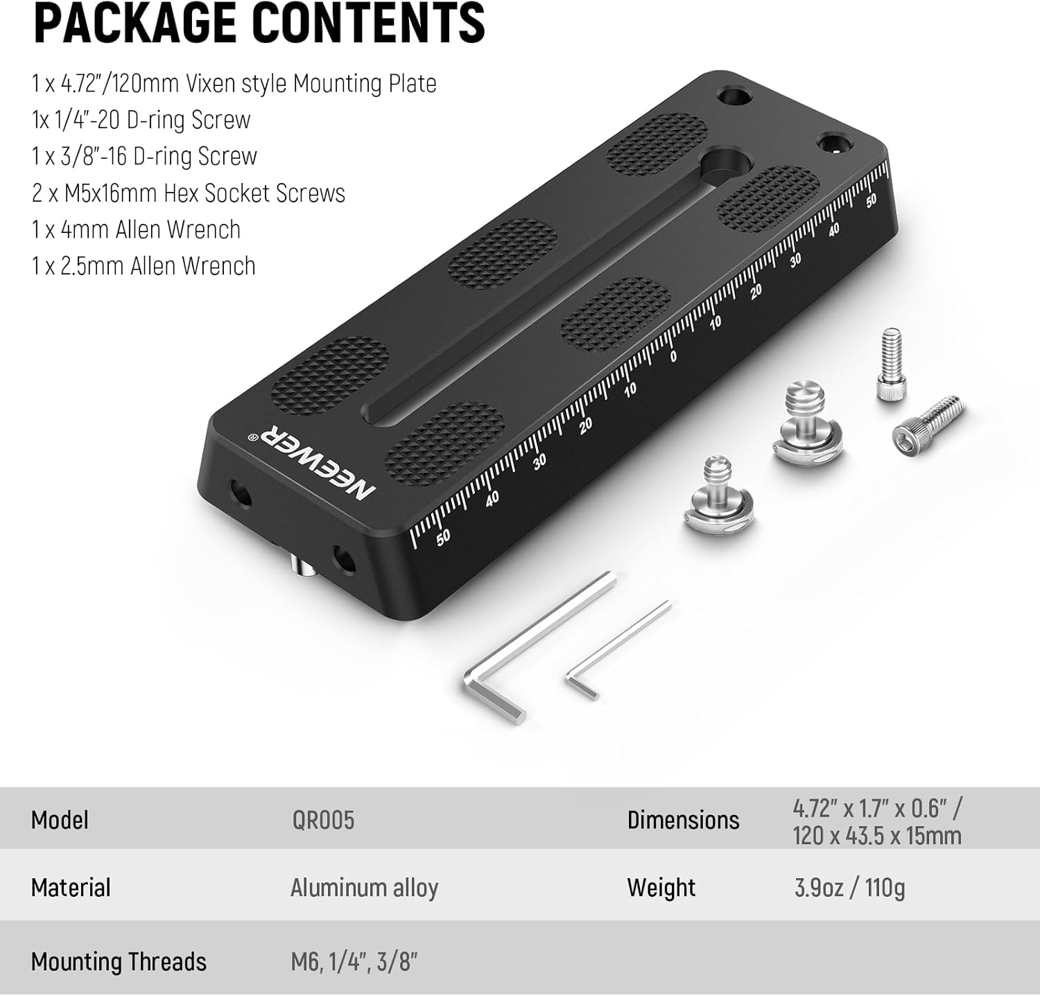 NEEWER 4.72″120mm Rail Bar Vixen Style Dovetail Plate, Metal Montaje Placa Sillín con 14″ 38″ D Anillo Tornillo para Telescopio Montaje Adaptador