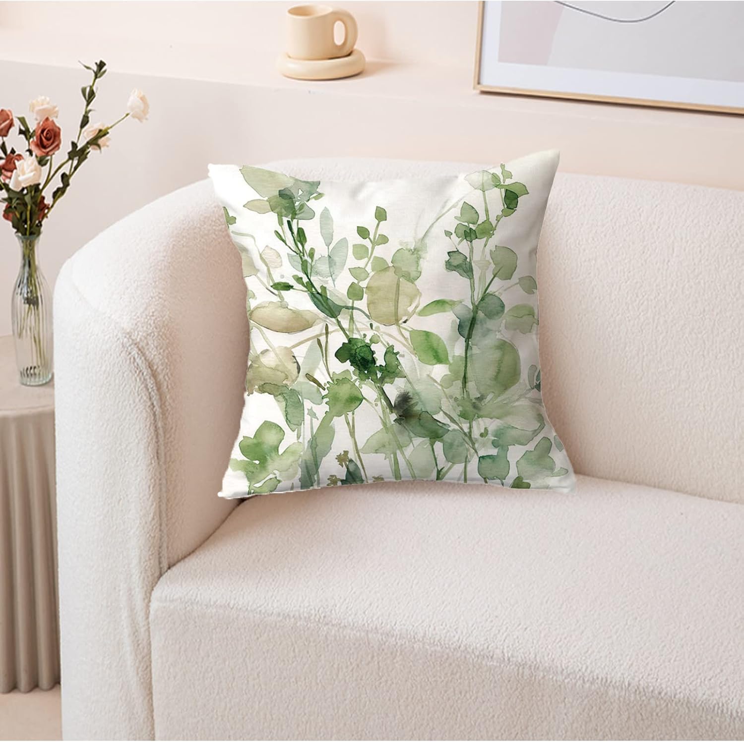 ANIDL Juego de 2 almohadas cuadradas con estampado de plantas abstractas de hojas florales en acuarela, decoración de arte moderno, funda de cojín
