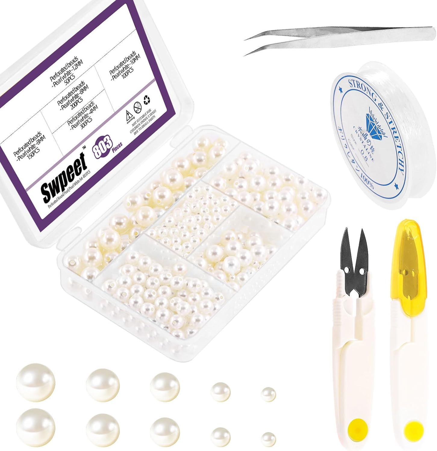 Swpeet 800 piezas de 5 tamaños de 0.157 in, 0.236 in, 0.315 in, 0.394 in y 0.472 in, cuentas de perlas perforadas blancas y tijeras con kit surtido