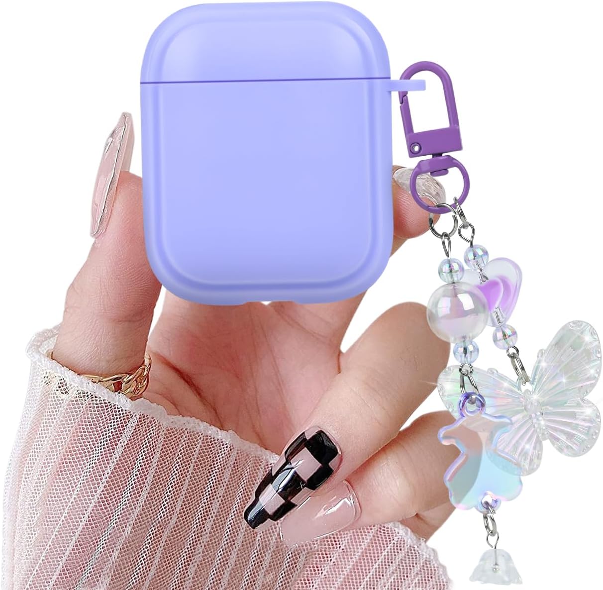 Bonita funda para AirPods 1 y 2 con llavero de corazón de mariposa brillante con purpurina, protección de cuerpo completo de silicona suave a prueba