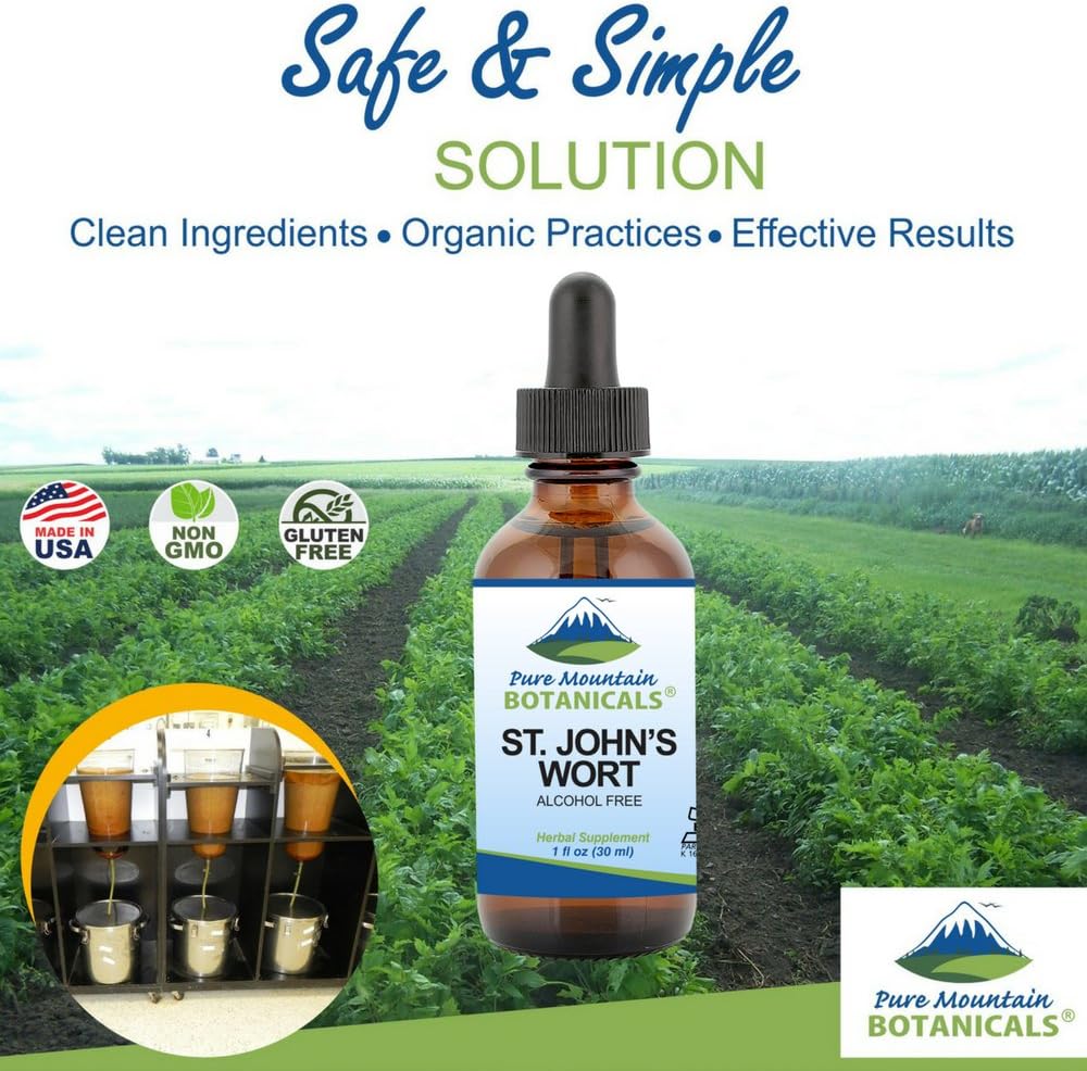 Pure Mountain Botanicals St Johns Wort Tintura – Extracto líquido kosher de hierba de San Juan sin alcohol, 500 mg – Botella de 1 oz
