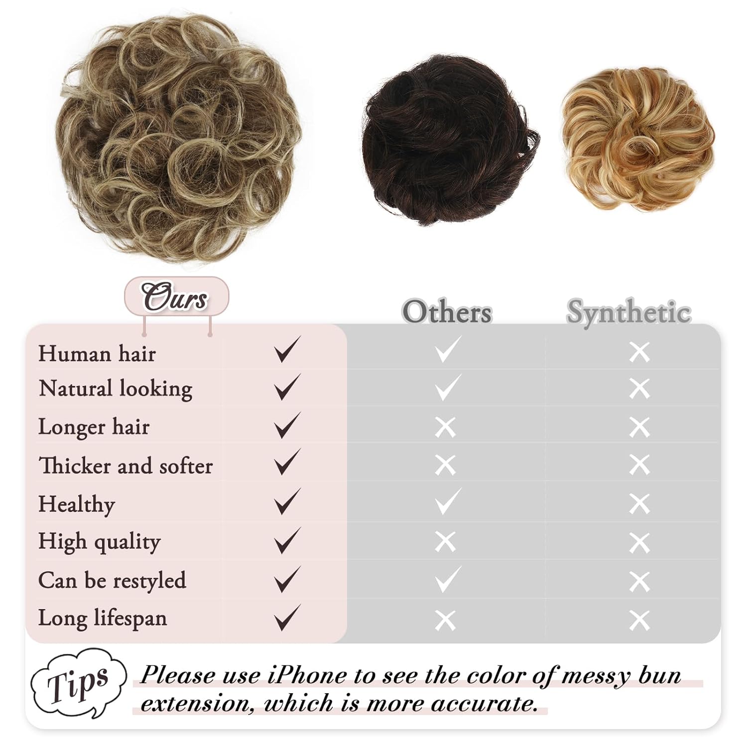 RUWISS Moño desordenado, pieza de cabello humano con moños de rosa desordenado, pieza de cabello para mujer, pieza de cabello real con coleteros