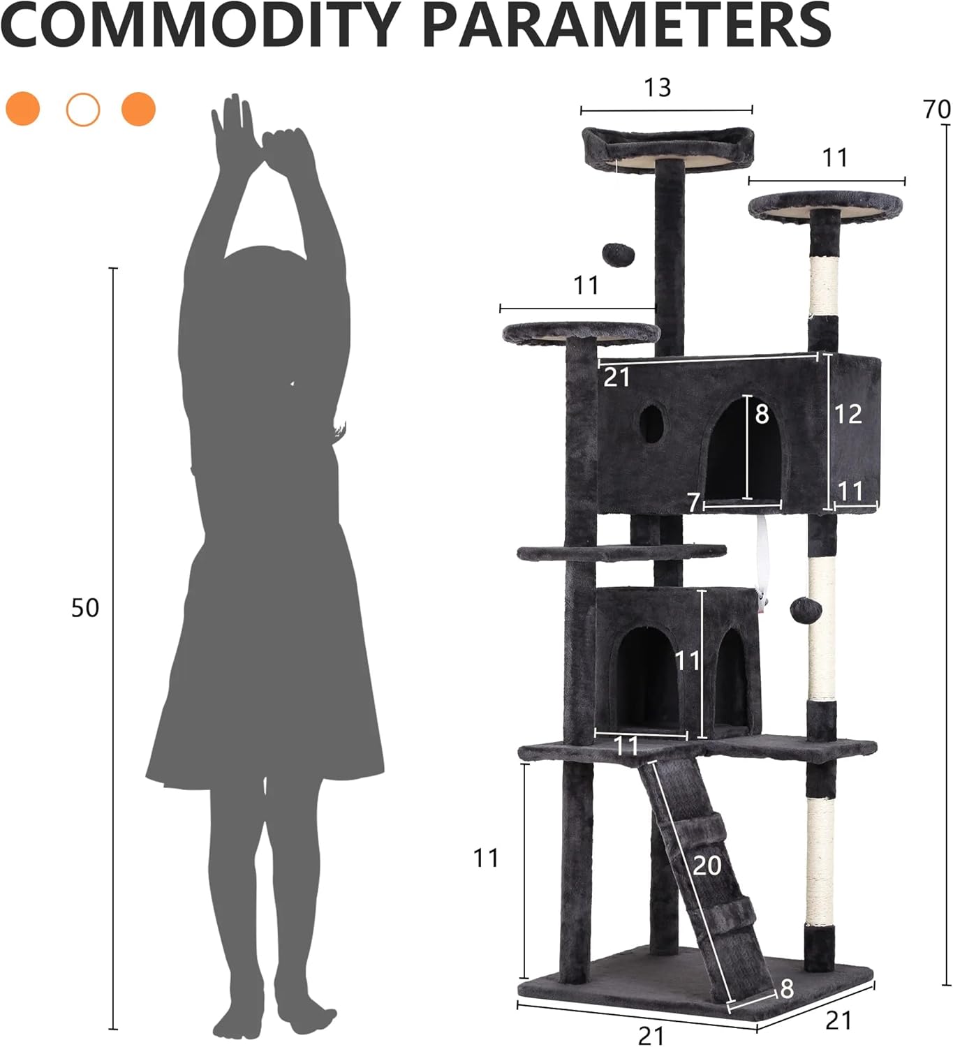 Torre de árbol para gatos de 70 pulgadas para gatos de interior, muebles de condominio para gatos de varios niveles con poste rascador de sisal, 3