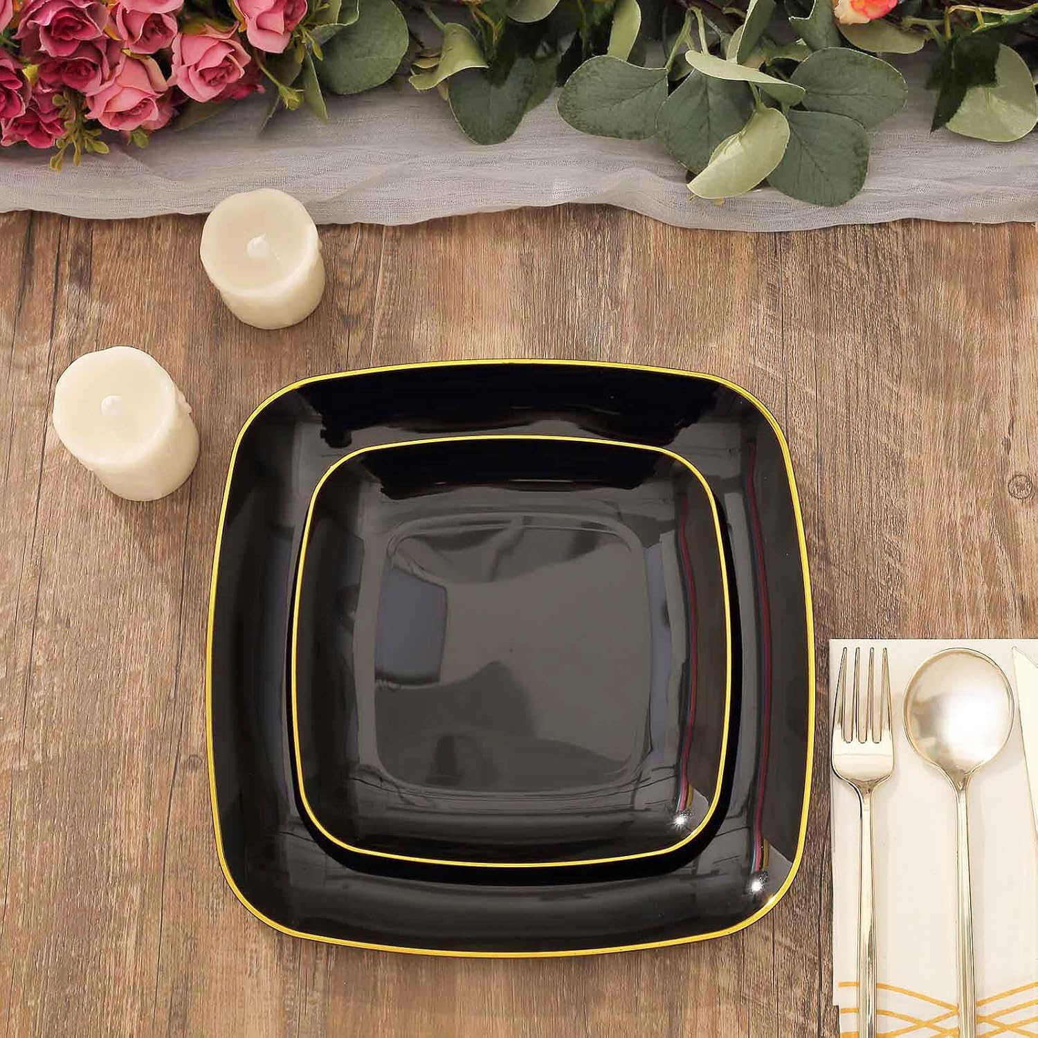 Efavormart – Paquete de 10 platos cuadrados de plástico para postre de 10 pulgadas, color negro con borde dorado, platos desechables para ensalada