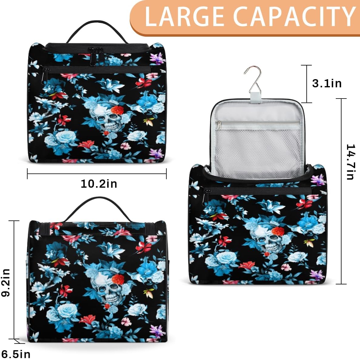 Skull Day Of The Dead Toiletry Bag for Women Travel Makeup Organizer with Hanging Hook Traveling Cosmetic Bags for Toiletries Accessories