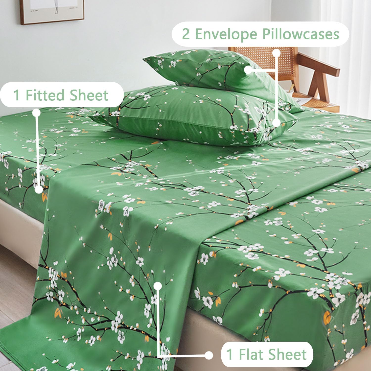 ZANBAST – Juego de sábanas de 4 piezas con estampado de flores verdes, estilo granja, se adapta fácilmente a sábanas de microfibra para todas las