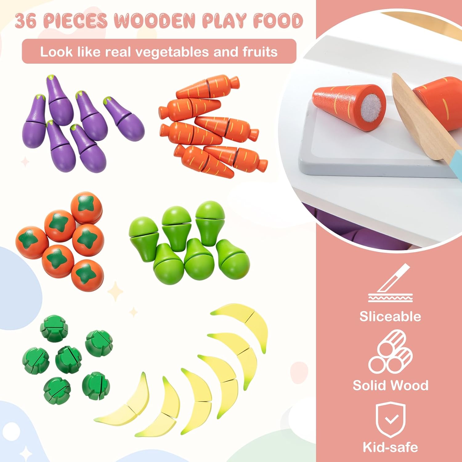 HONEY JOY Juego de tienda de comestibles para niños, soporte de madera para frutas con 36 accesorios para cortar alimentos y verduras, tienda de