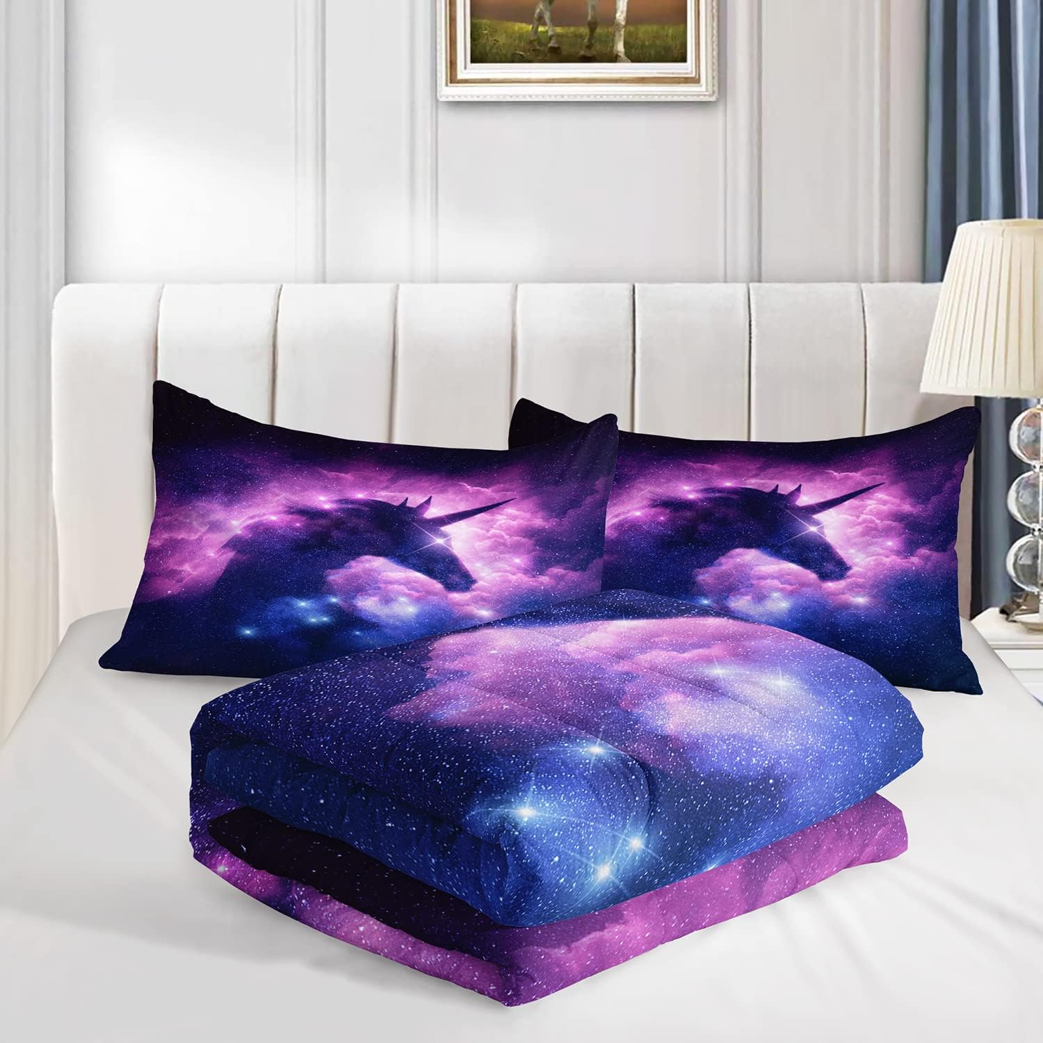 AILONEN Juego de edredón de unicornio espacial morado, juego de ropa de cama superior para niños adolescentes y niños, juegos de cama de galaxia