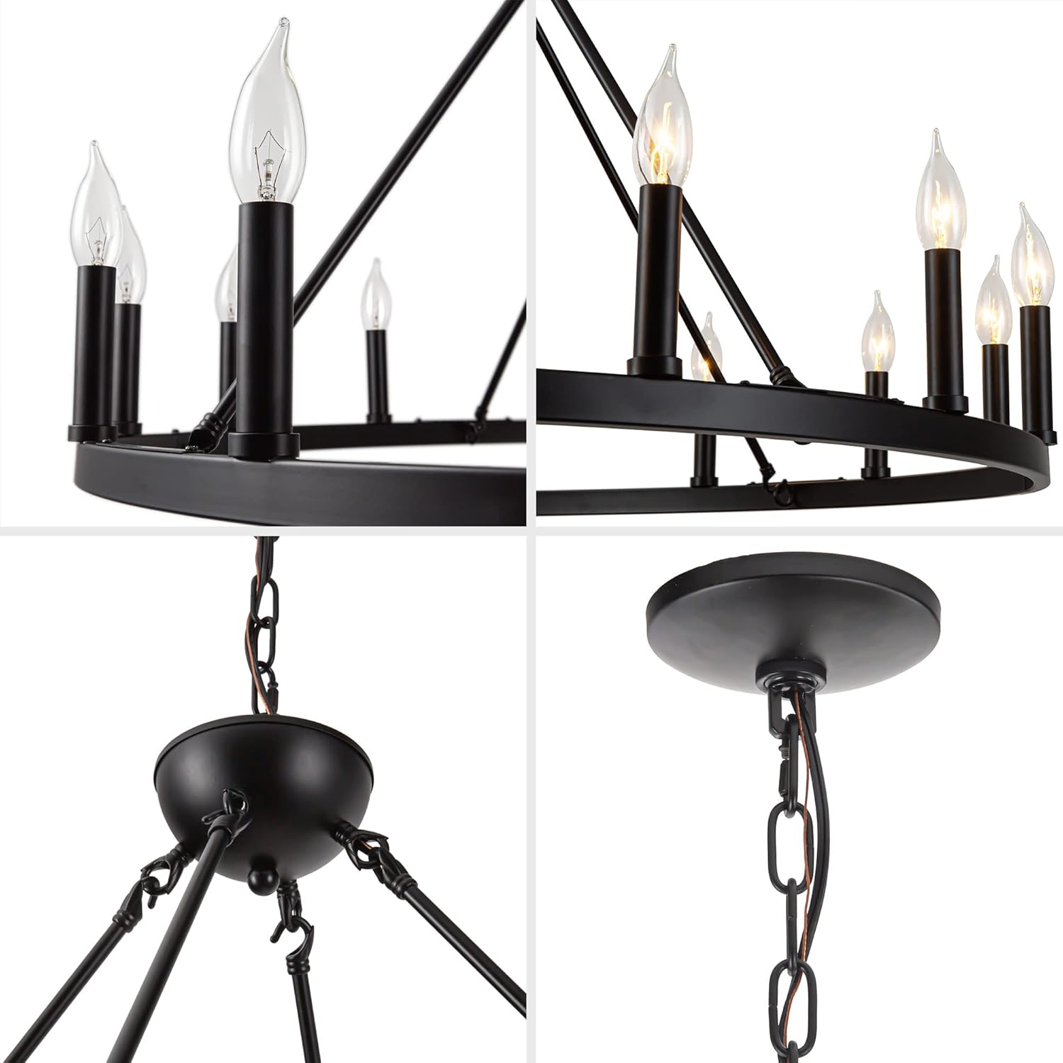 Lámpara de araña negra de 16 luces con ruedas de carro, lámpara de granja grande, iluminación rústica redonda, lámpara de granja