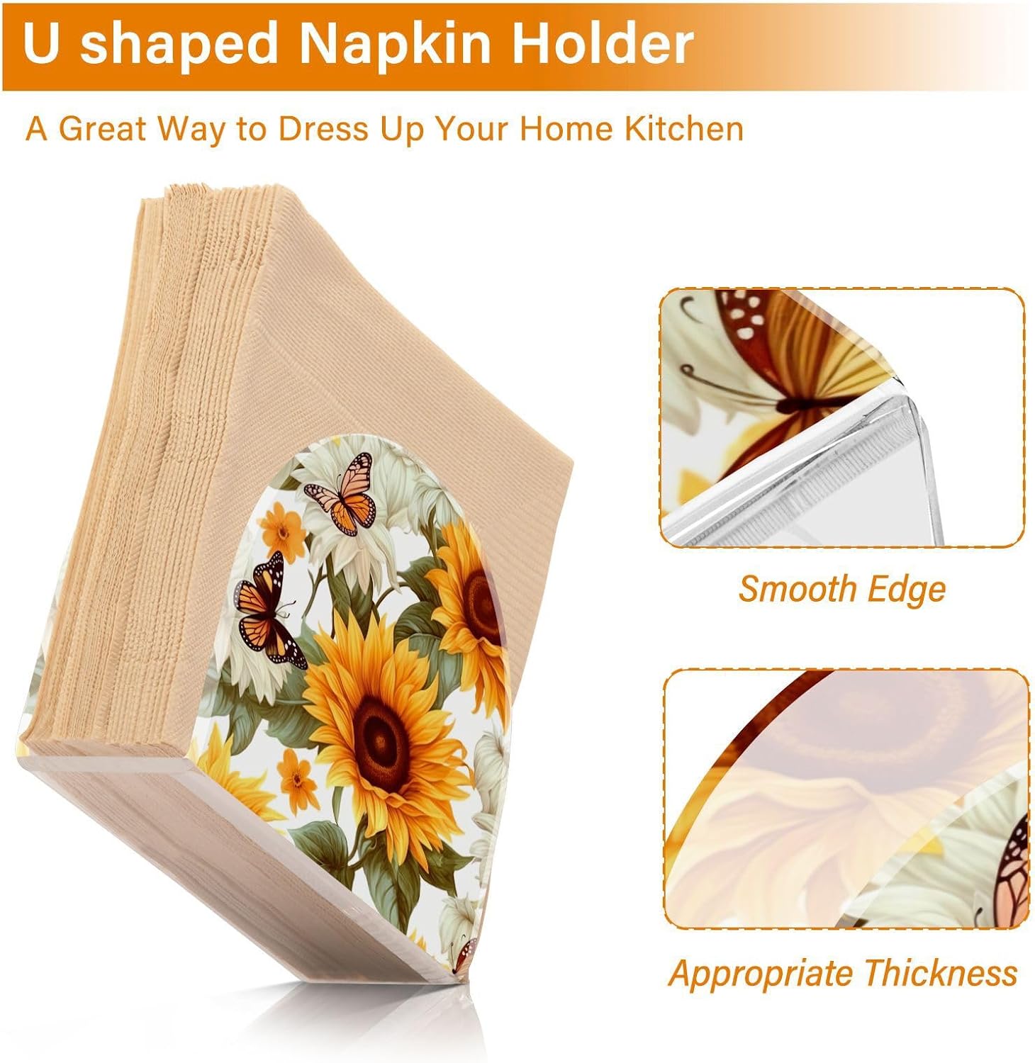 Sunflower and Butterfly Acrylic Napkin Holder Clear Crystal Tissue Paper Dispenser for Table, Kitchen Countertop, Restaurant, Decor