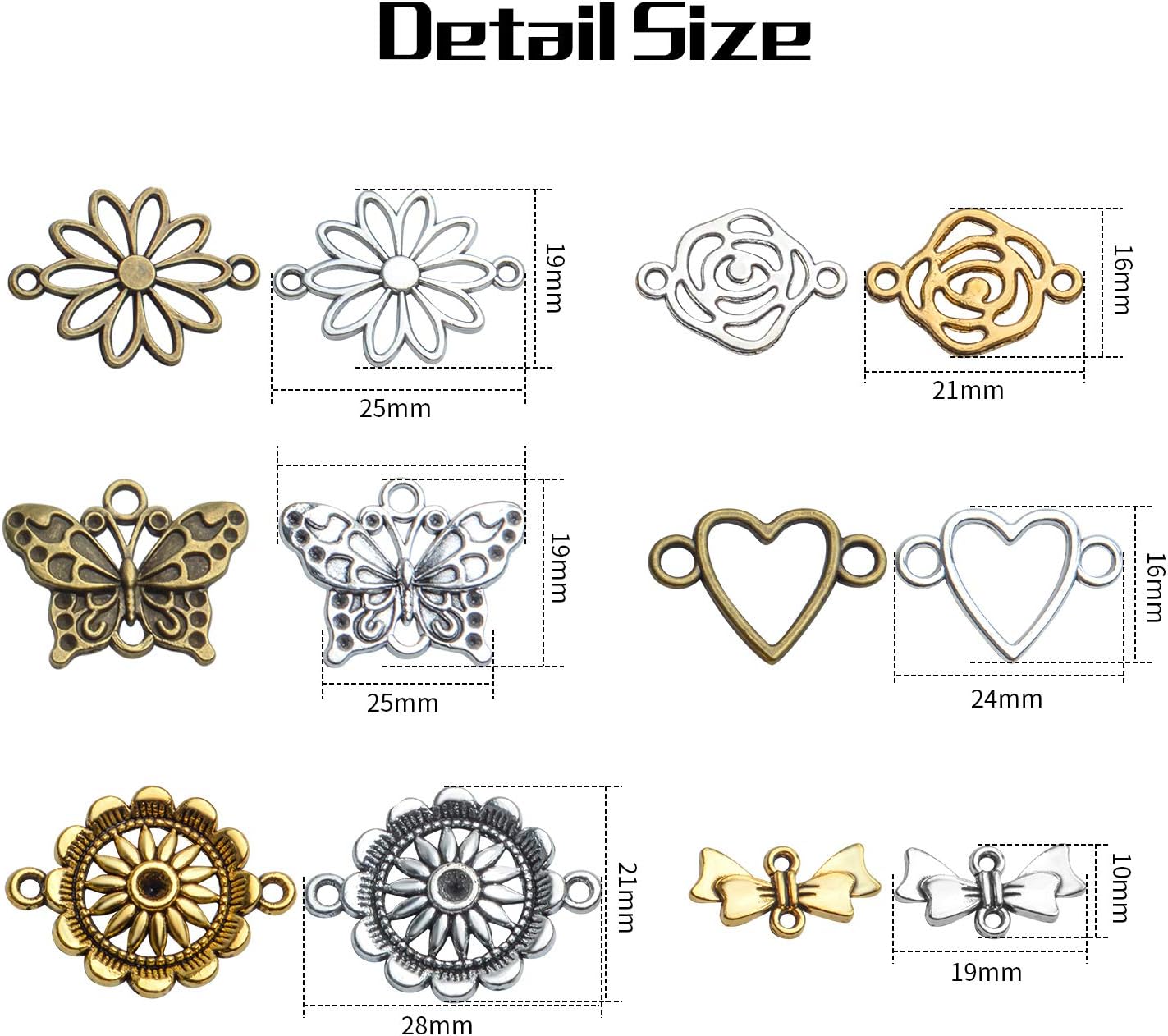 60 piezas de suministros de manualidades con forma de corazón y flores, dijes de eslabones con 2 agujeros para pulseras y joyería, 6 estilos, Plata,