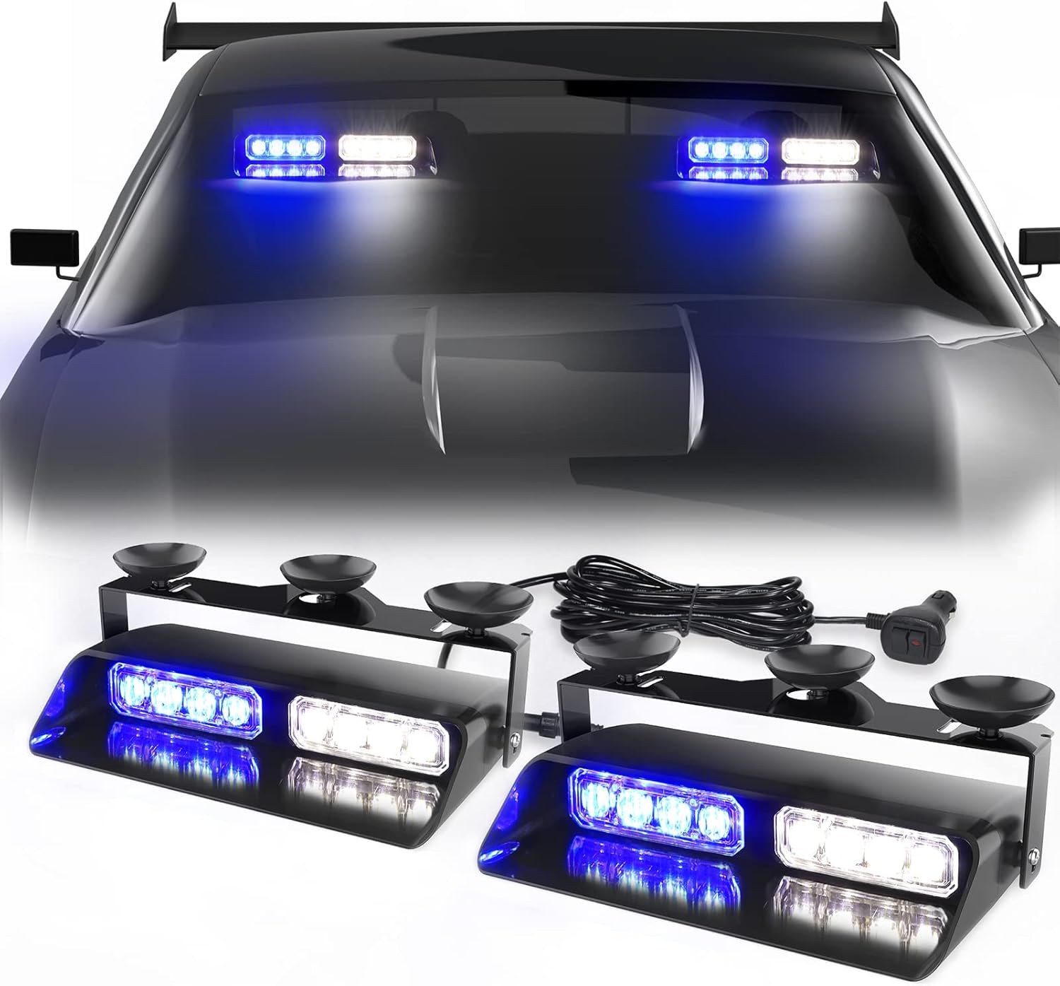 Luces estroboscópicas de emergencia 2 en 1, color azul y blanco, luces estroboscópicas para el interior del parabrisas delanterotrasero, advertencia