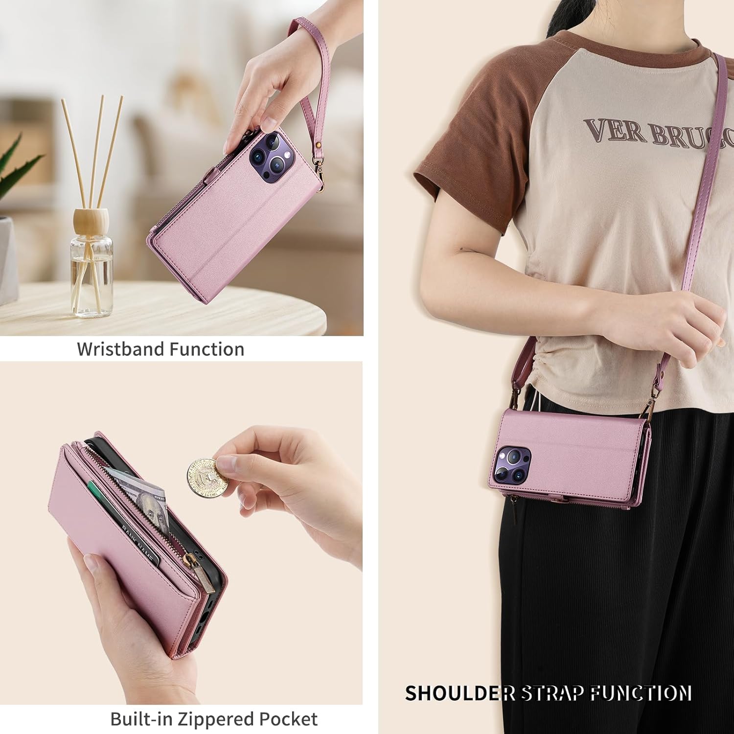 Funda para iPhone 15, iPhone 15 para mujeres y hombres, funda de piel sintética con tapa para tarjeta de crédito RFID, correa cruzada carcasa