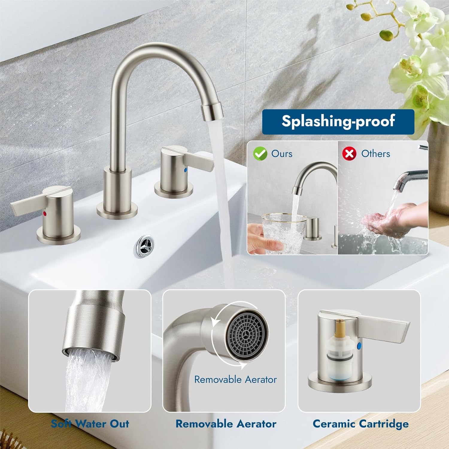 Grifos de baño para fregadero de 3 agujeros de 8 pulgadas, grifo de baño generalizado de níquel cepillado, grifo de tocador de lavabo montado en la