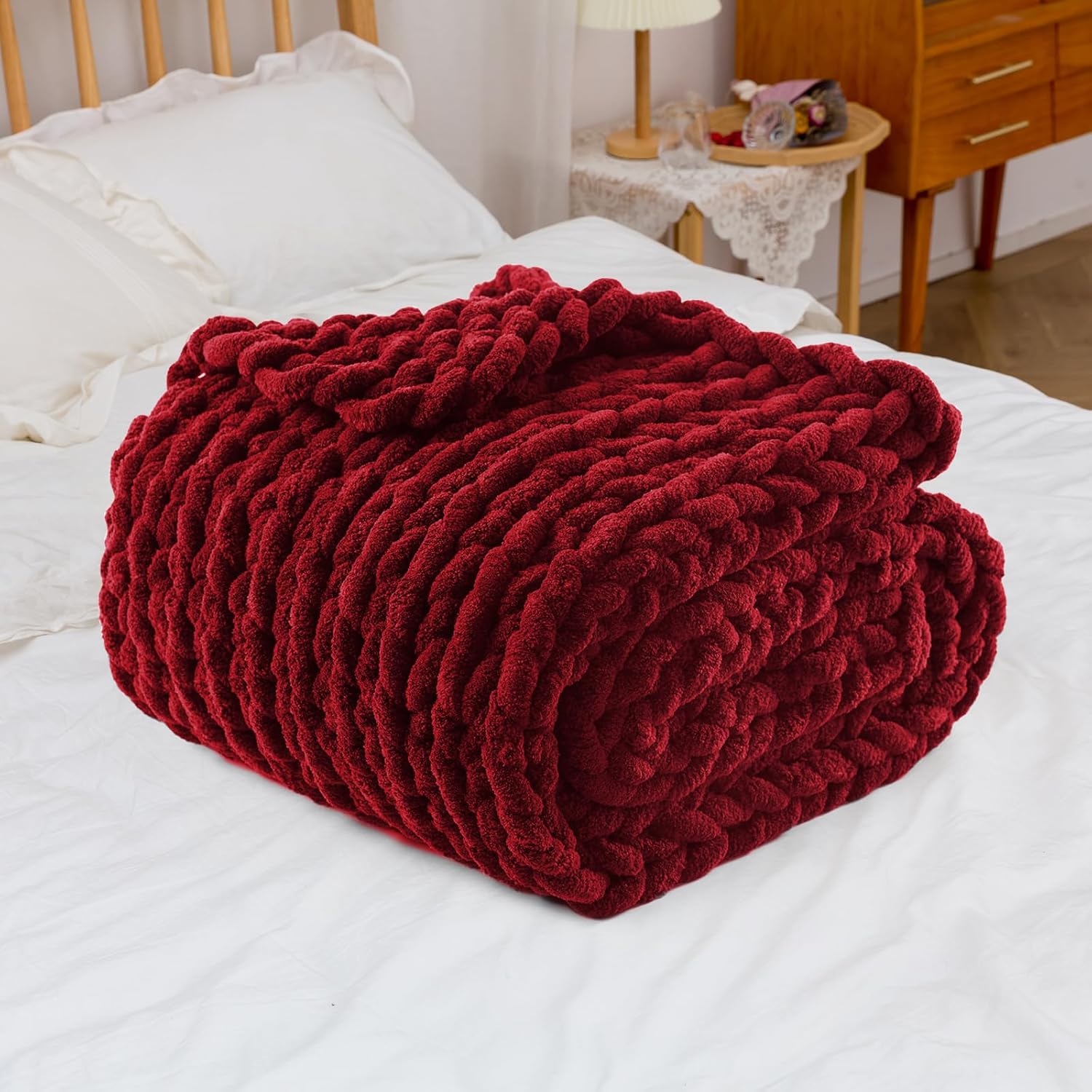 Comtest Manta de punto trenzado grueso hecha a mano, suave, acogedora y abrigada, para sofá y decoración del hogar, color rojo vino, 50 x 60
