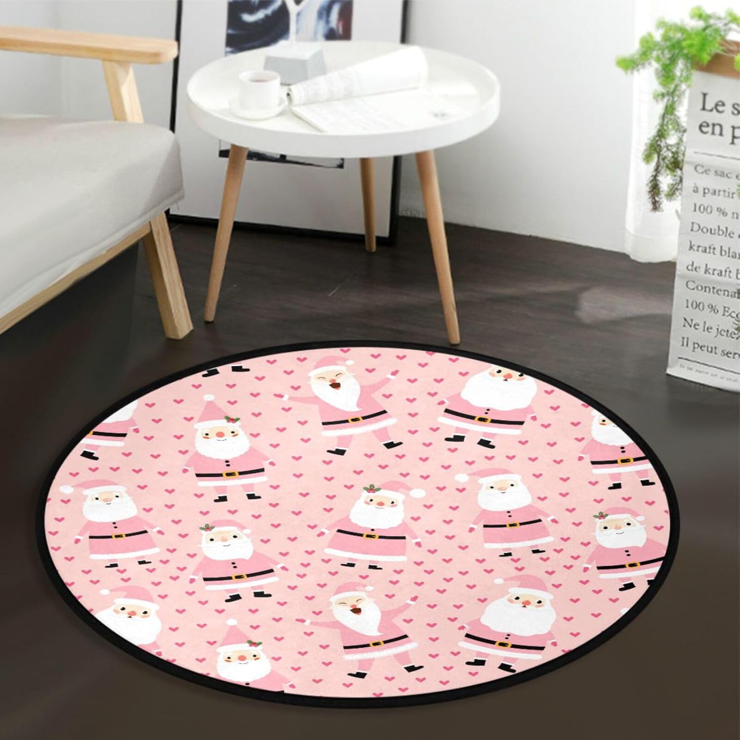 Alfombra redonda de Navidad de Papá Noel de 3 pies, color rosa para dormitorio, lavable, alfombra circular antideslizante con respaldo de goma,