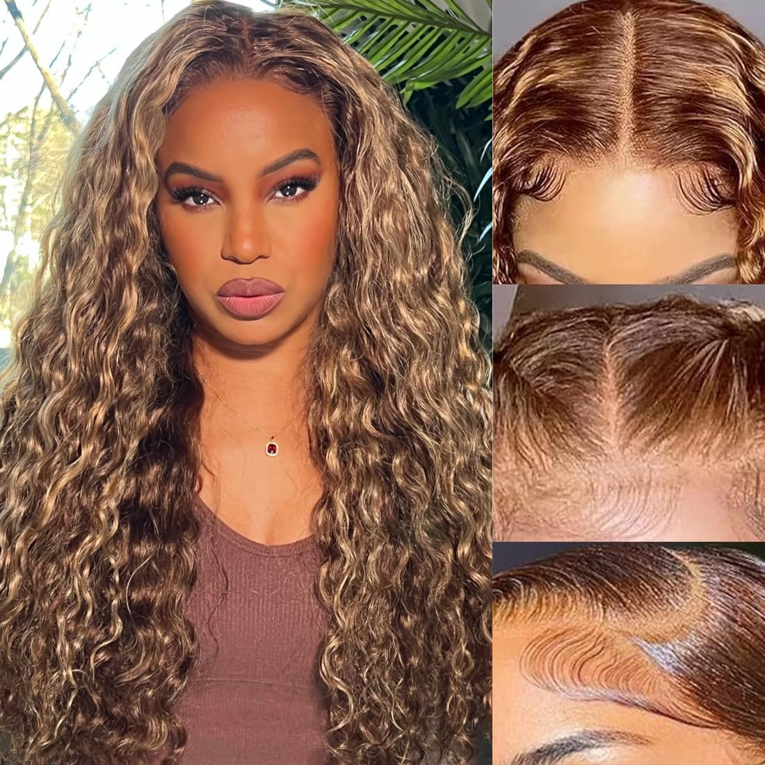 YIROO Peluca de cabello humano ondulado con reflejos miel de 13 x 4 HD, transparente, encaje frontal, peluca rubia castaño, con balayage, peluca