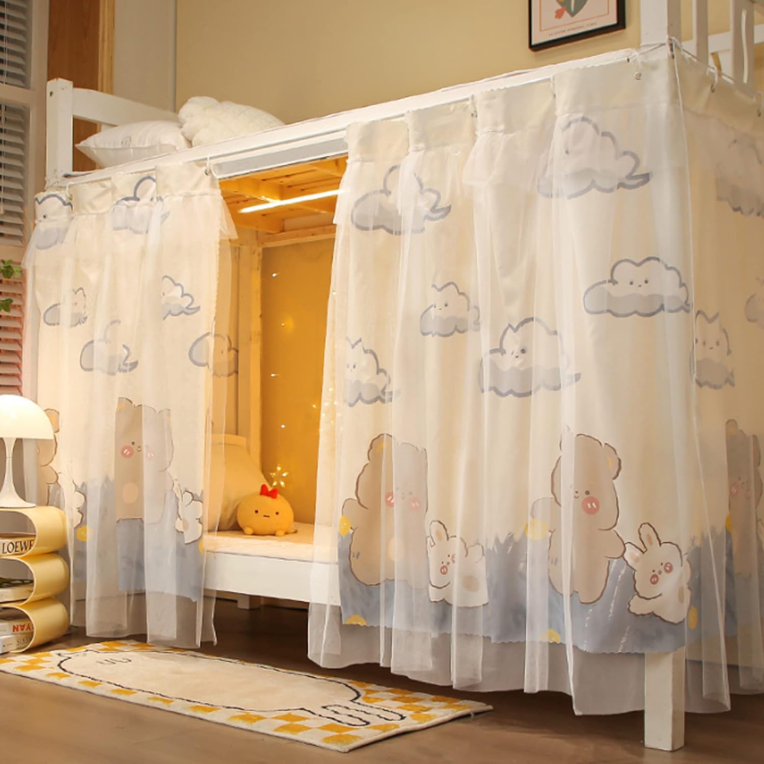 Hermosas cortinas de gasa para litera, cortinas con encaje para privacidad, 2 paneles, conejo de oso