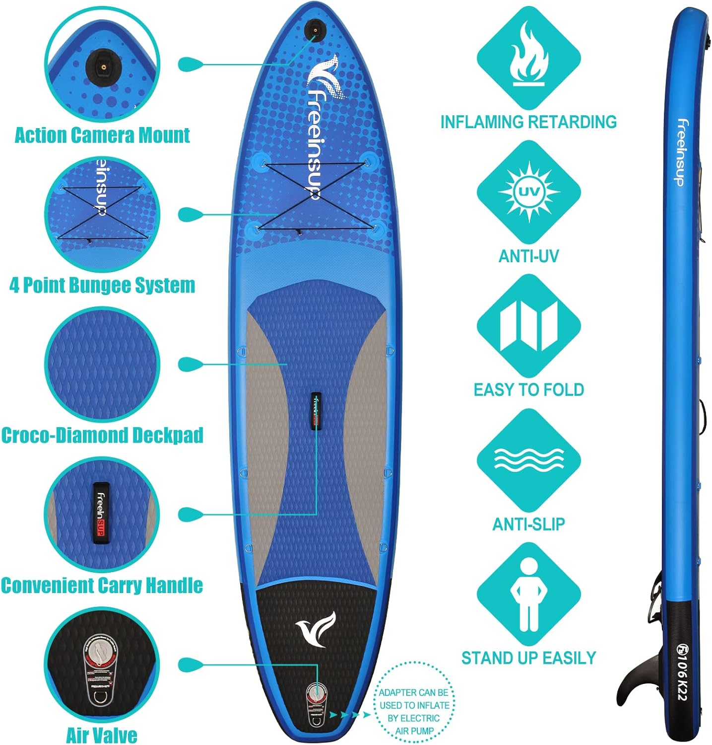 Freein Stand Up Paddle Board Kayak SUP Inflatable Stand up Paddle Board SUP 10’10’6×31 x6, 2 Blades Paddle, Dual Action Pump, Triple Fins, Leash,