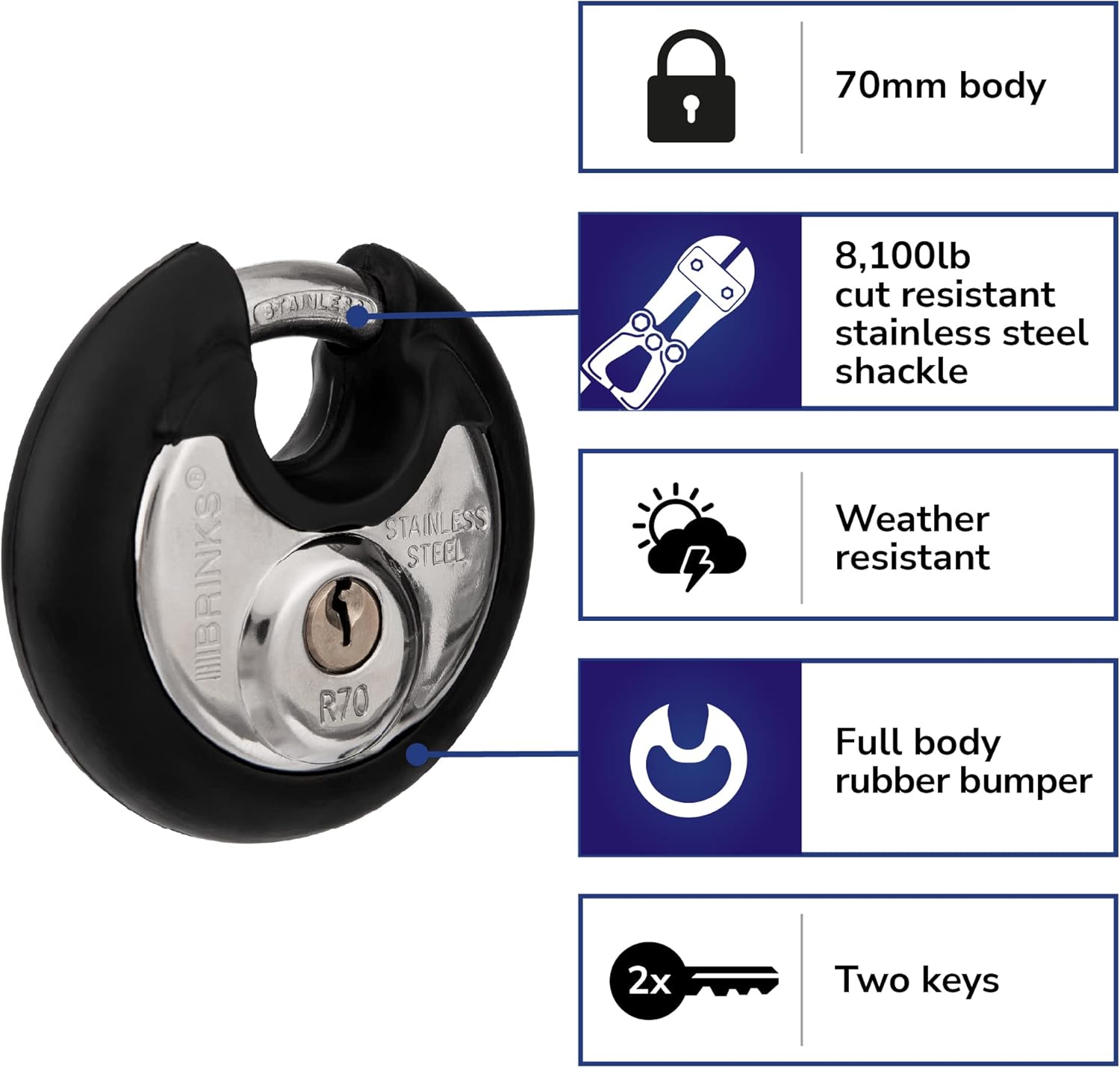 BRINKS – Candado de disco con llave de acero inoxidable comercial de 2.756 in – Cuerpo de acero inoxidable con grillete de acero inoxidable y