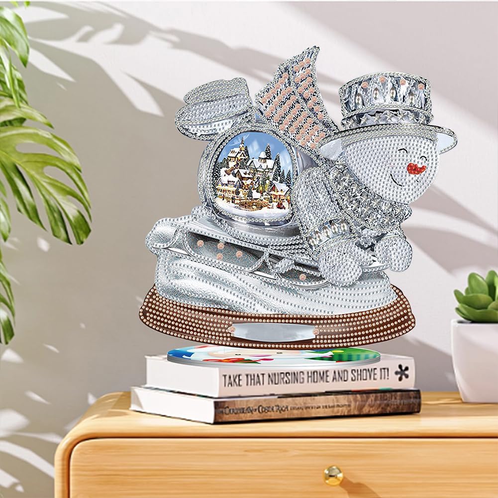 Orgone Kit de adornos de escritorio de pintura de diamante de muñeco de nieve 5D con forma especial, diamantes de imitación de madera, adorno de