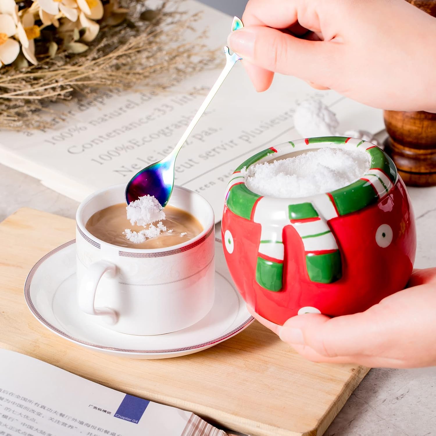 Azucarero de cerámica con tapa y cuchara, elegante recipiente para azúcar con bonito diseño de muñeco de nieve navideño, decoraciones navideñas,