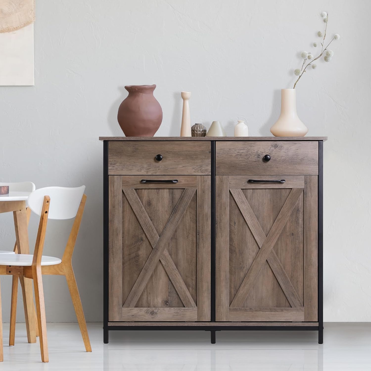 Arlopu Gabinete de basura de doble inclinación, gabinete de reciclaje extraíble de cocina de 20 galones, gabinete clasificador de ropa de madera