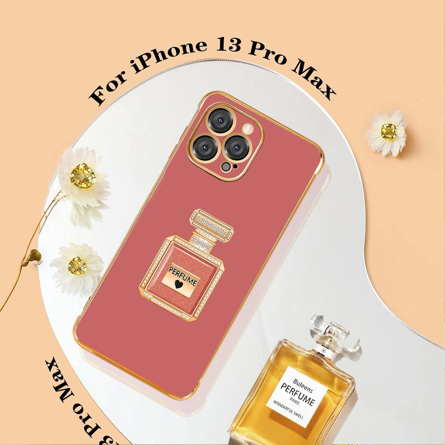 Buleens Funda para iPhone 13 Pro Max con soporte de espejo de botella de perfume de metal, bonitas fundas de corazón femenino para 13 Pro Max,