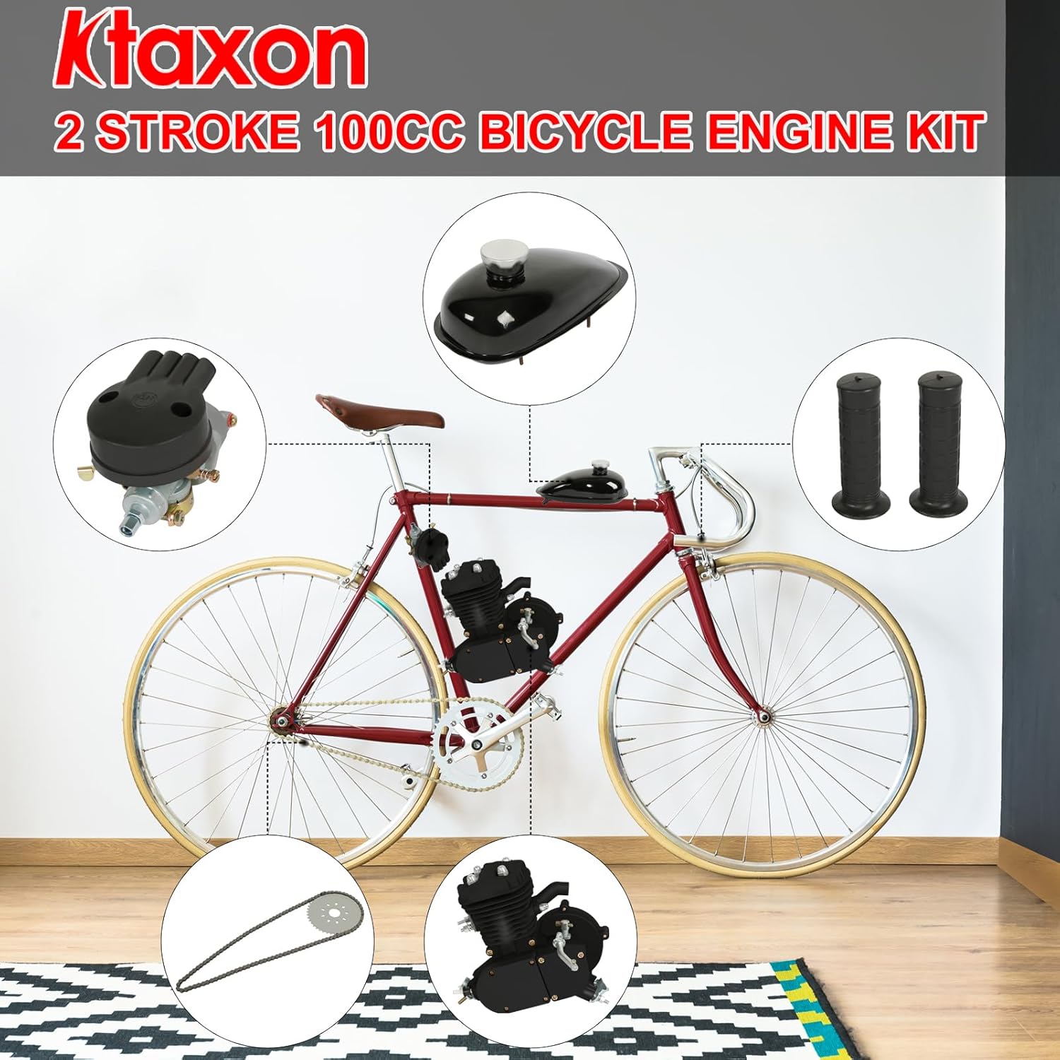 Ktaxon Kit de motor de bicicleta de 100 cc, kit de motor de bicicleta de 2 tiempos, kit de conversión de bicicleta de gas con motor súper eficiente
