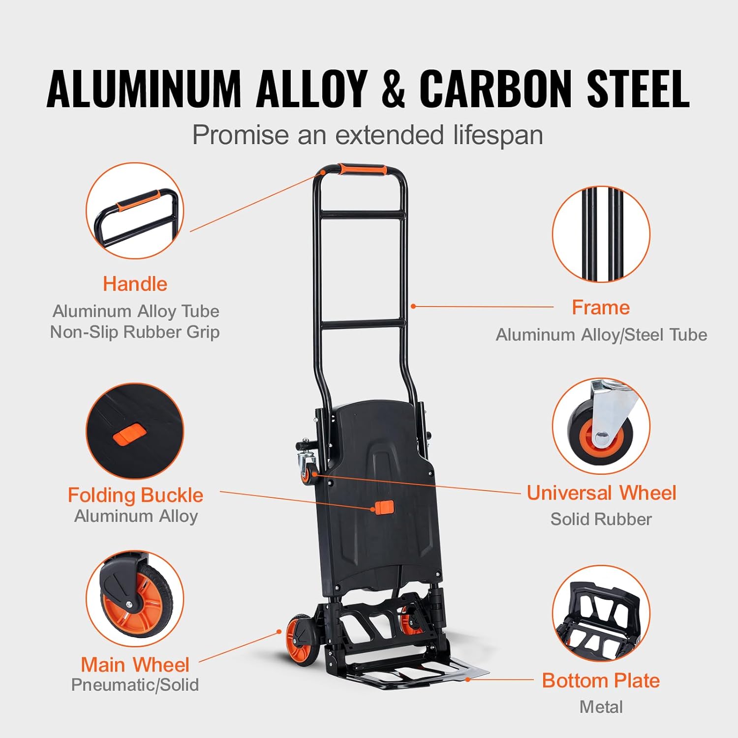 VEVOR Camión de mano plegable de aluminio, diseño 2 en 1 de capacidad de 300 libras, carrito plegable industrial resistente, carrito de ruedas de