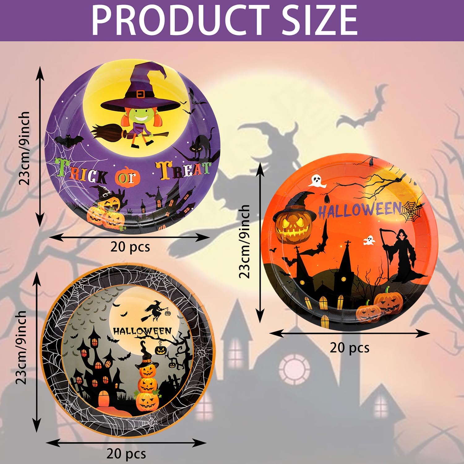 Suministros para fiesta de Halloween, juego de platos de papel de truco o trato, 60 platos de Halloween de 9 pulgadas para decoraciones de fiesta de