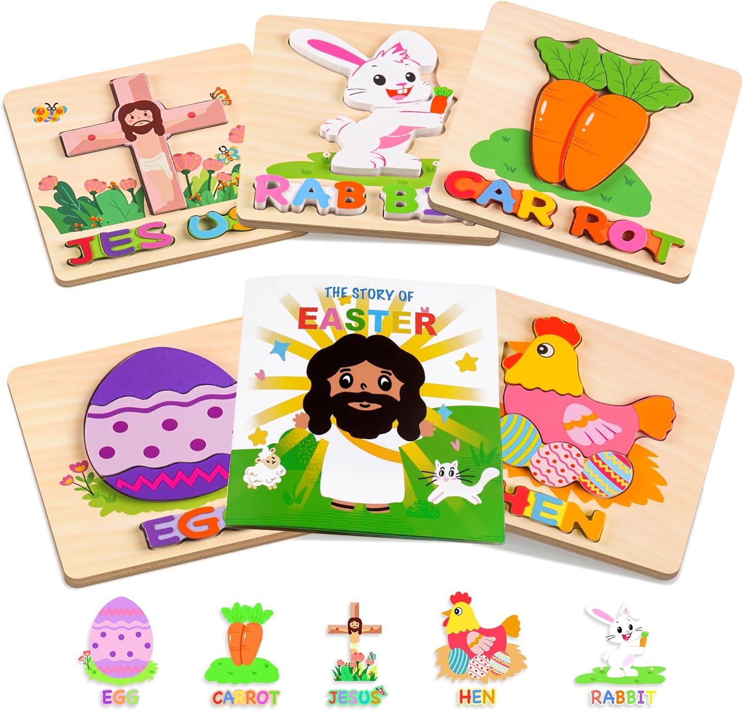 Relleno de cesta de Pascua para niños pequeños de 1, 2, 3 años, rompecabezas de madera para niños pequeños de 1 a 3 años, juguetes Montessori, 5
