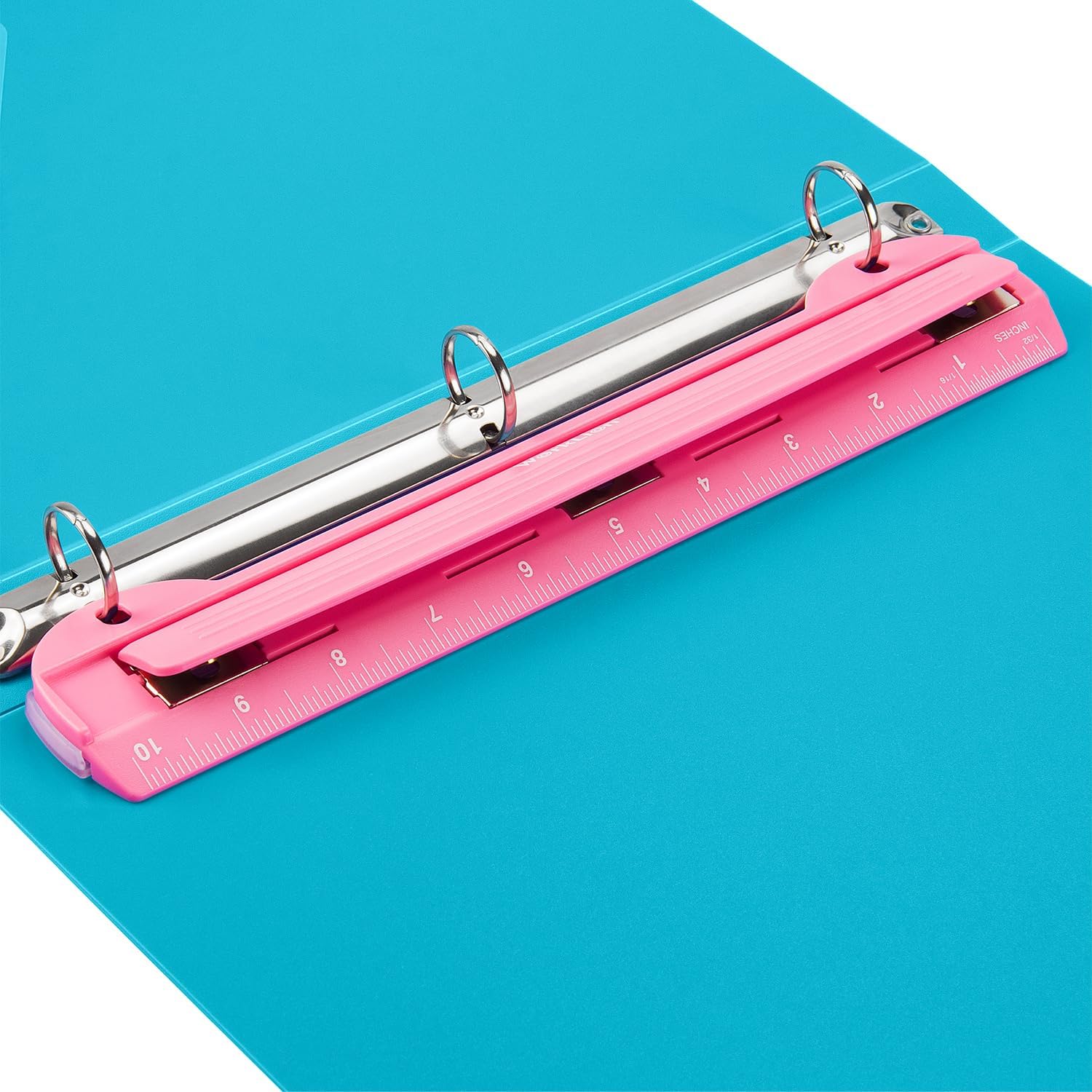 WORKLION Perforadora de agujeros de 3 anillos para carpetas, rosa, con regla de 10 pulgadas, diseño de bandeja de papeles, guía de alineación de
